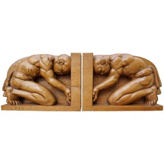 Hand-Carved Jati Wood Arts & Crafts Bookends with Indigenous Male Sculptures