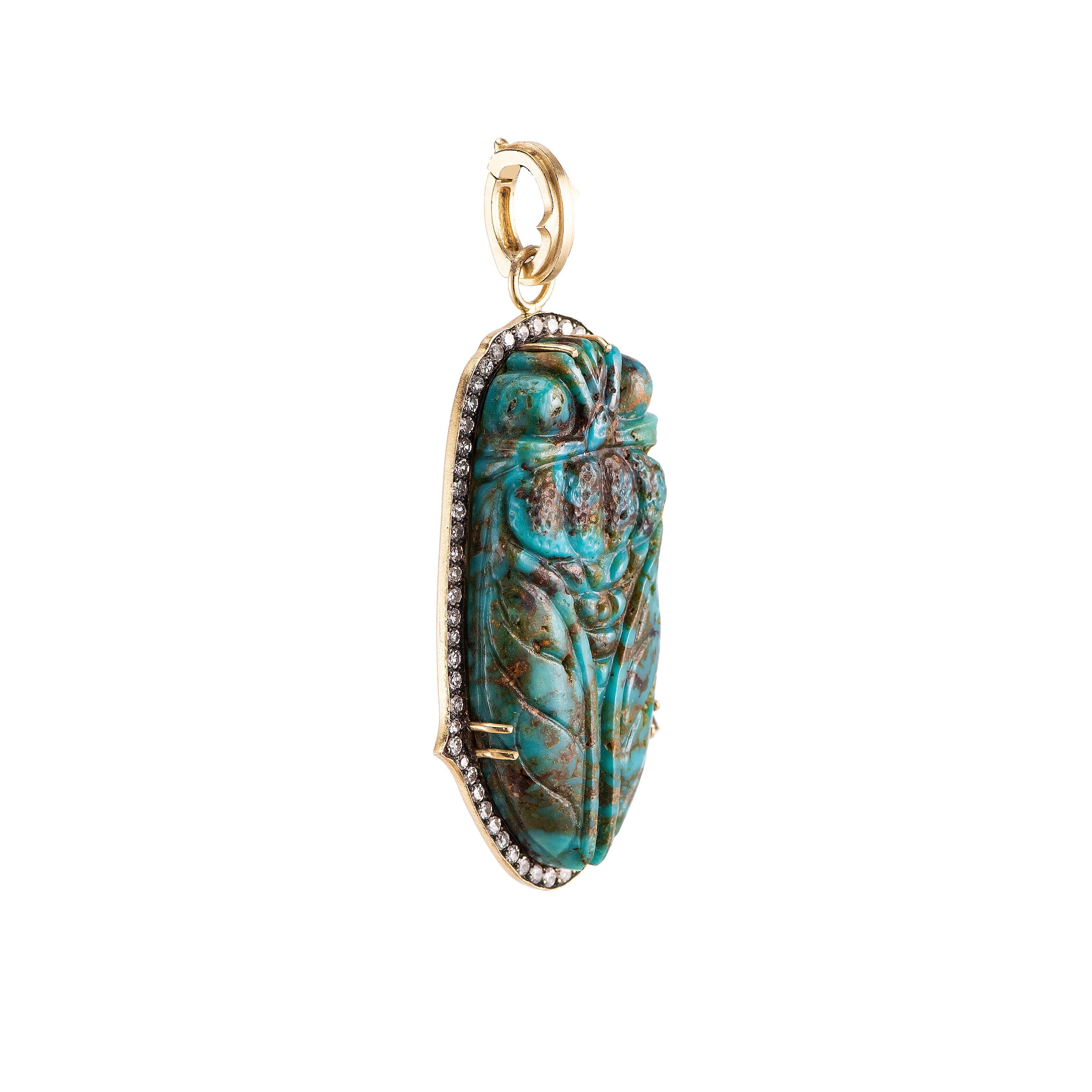 Artist Hand Carved Kingman Turquoise Cicada Pendant with Diamonds in 18k Yellow Gold For Sale