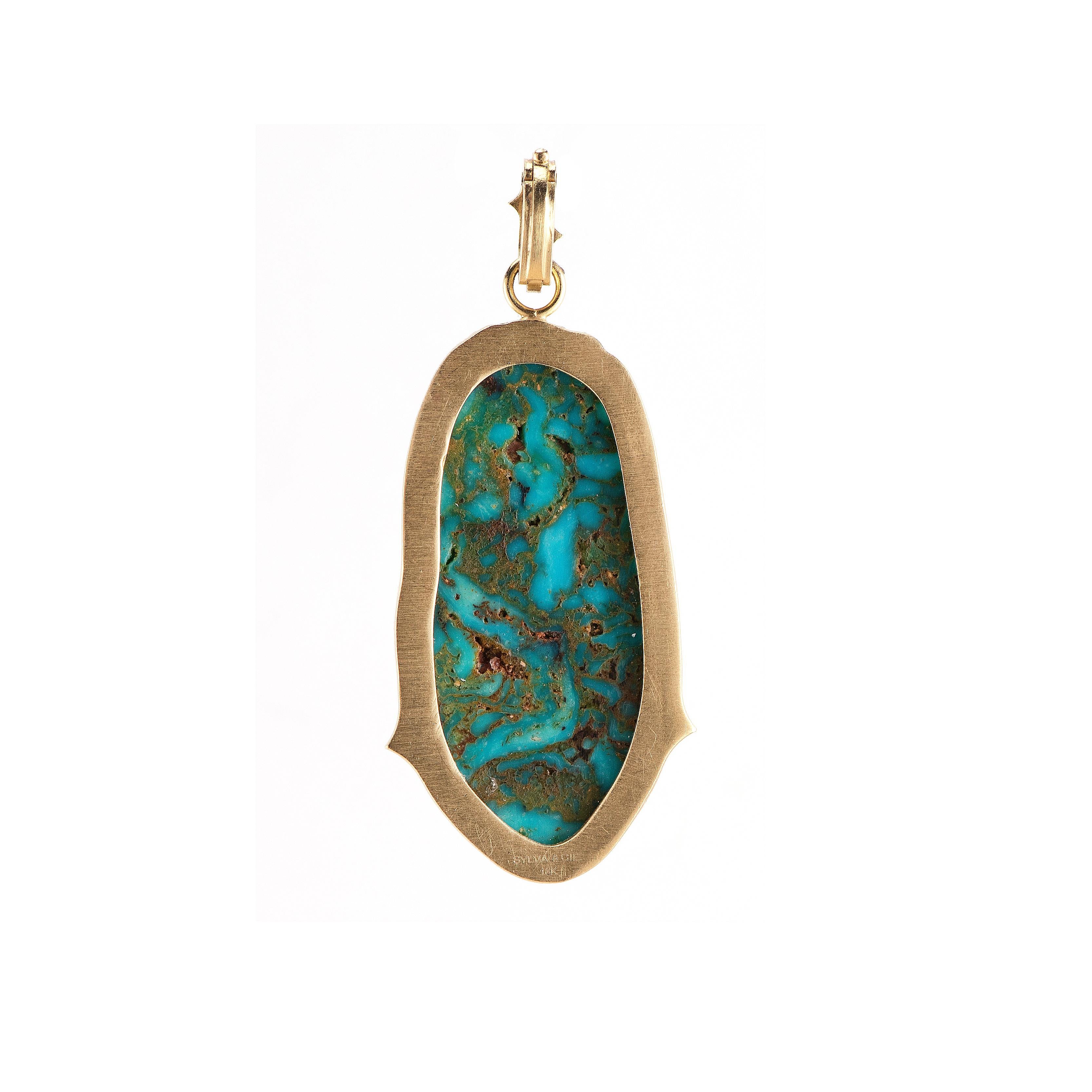 Single Cut Hand Carved Kingman Turquoise Cicada Pendant with Diamonds in 18k Yellow Gold For Sale