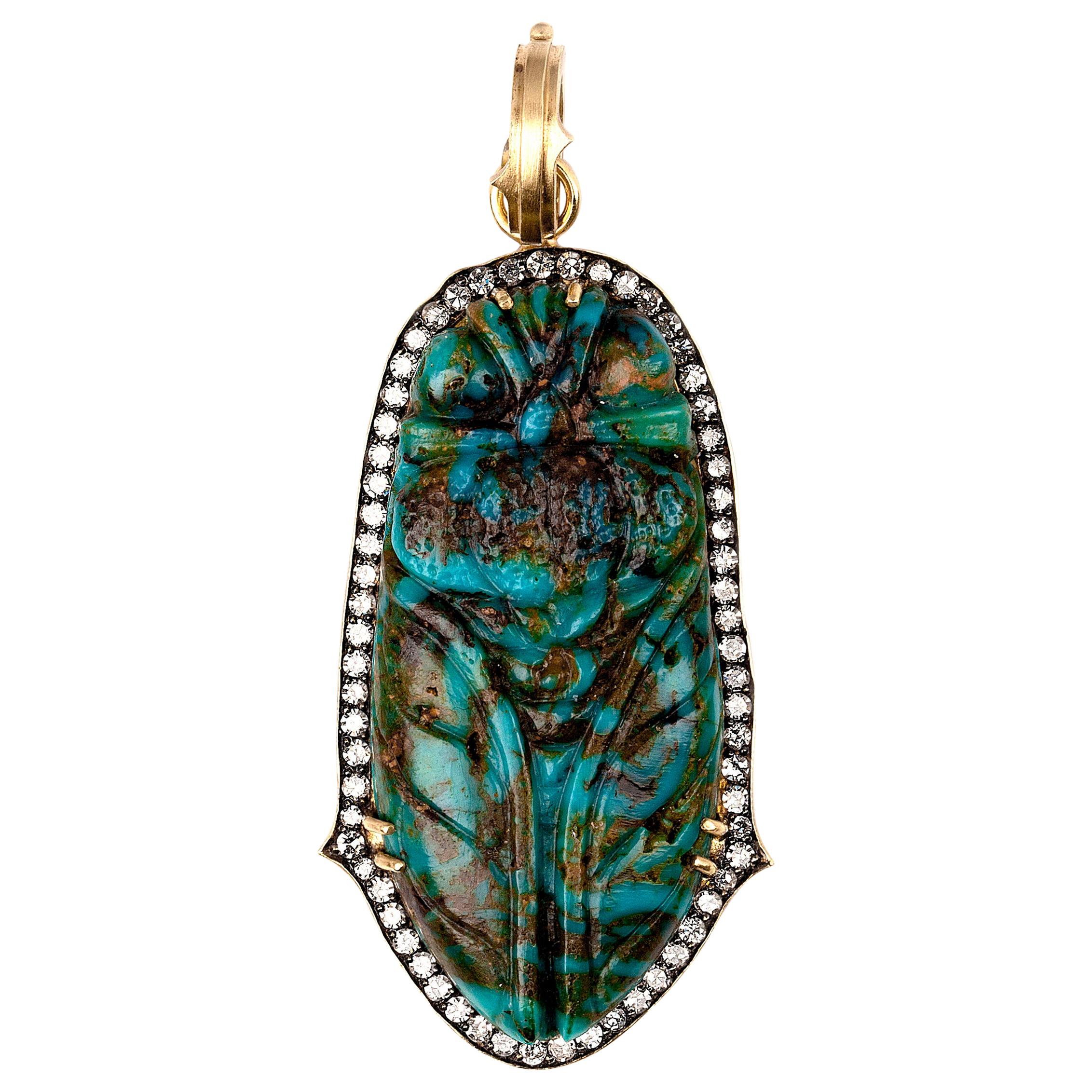 Hand Carved Kingman Turquoise Cicada Pendant with Diamonds in 18k Yellow Gold For Sale