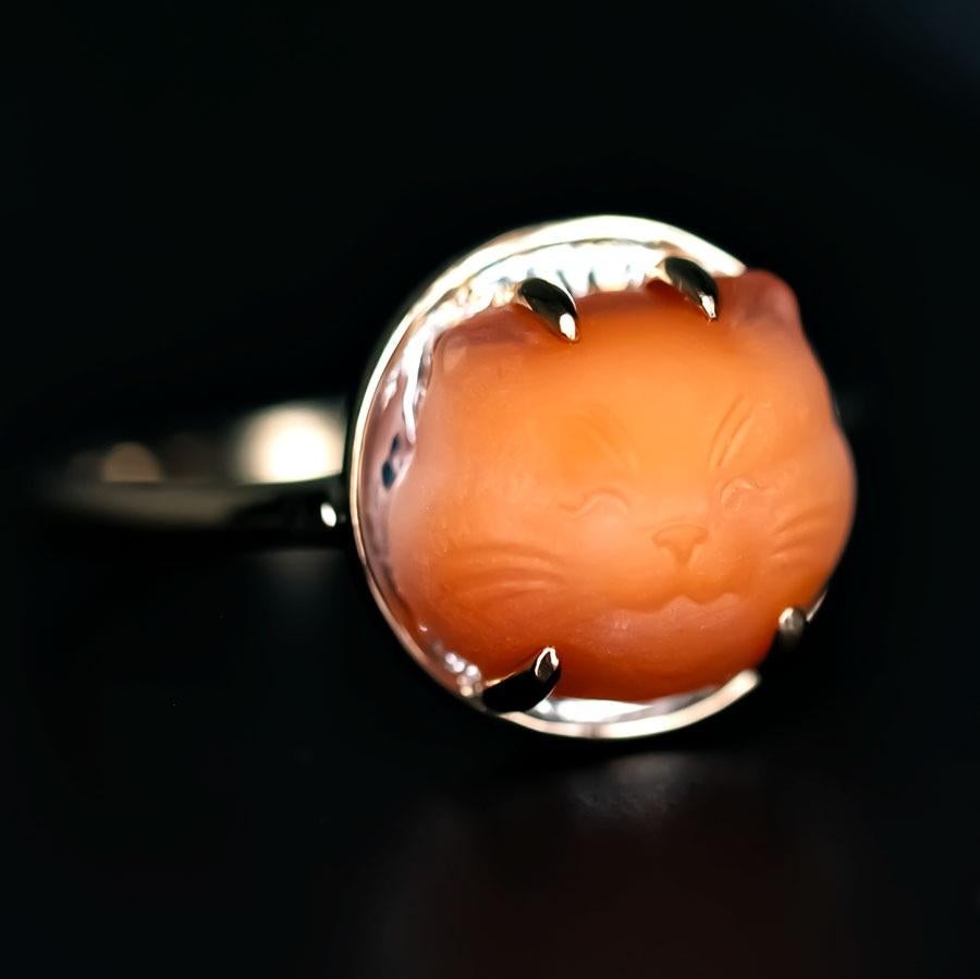 Brilliant Cut Hand Carved Kitty Cat Fire Opal Engagement Wedding Ring 14K Yellow Gold For Sale