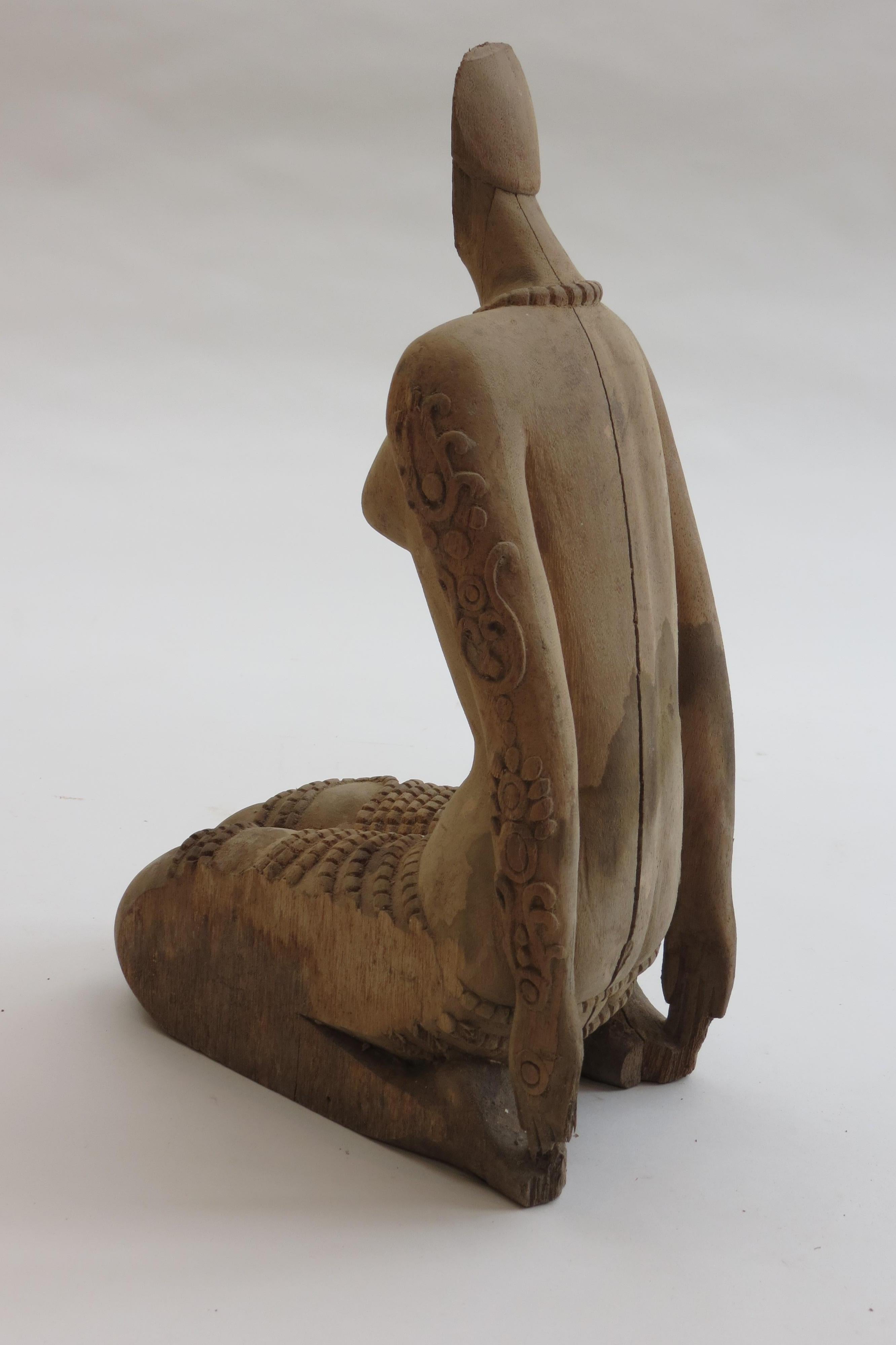 Hand Carved Kneeling Buddah Teak Statue from 1900s Thai Buddha In Distressed Condition In Stow on the Wold, GB