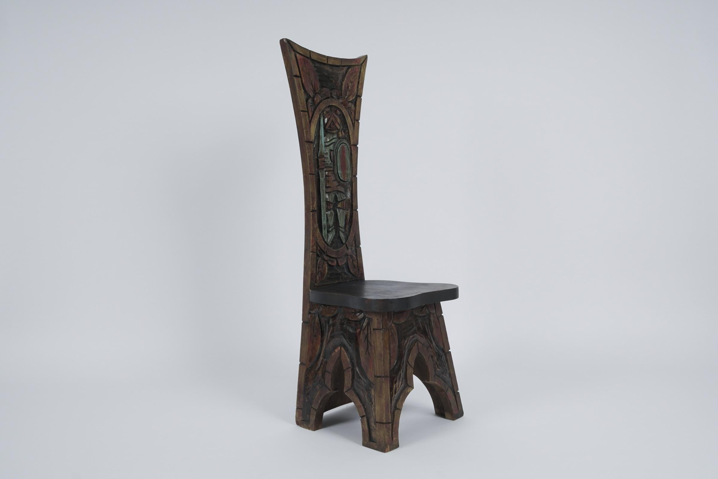 Rare hand carved and hand painted knight chair, Spain 1960s.