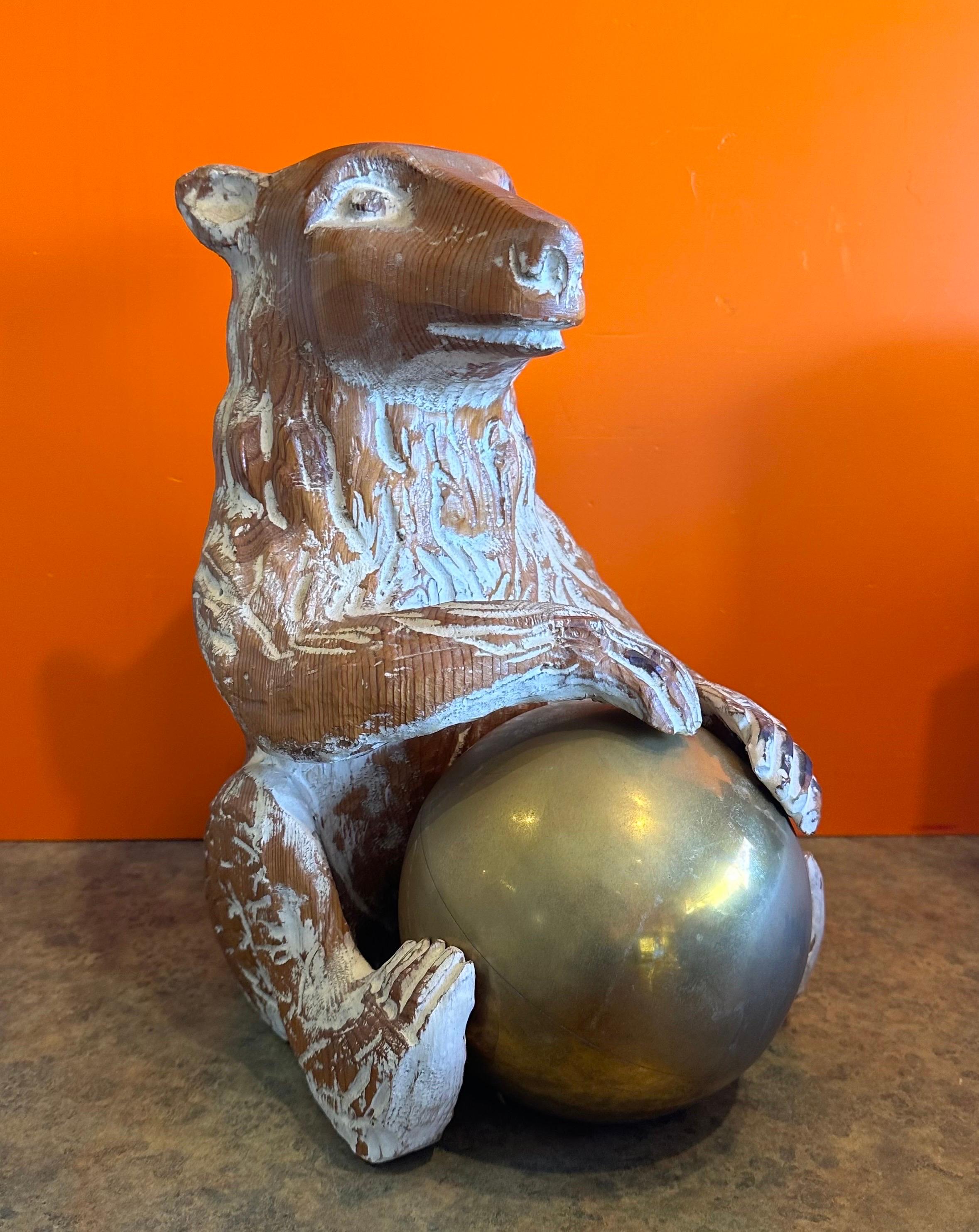 Hand Carved Knotty Pine Wood & Brass Bear Sculpture by Sarreid For Sale 3