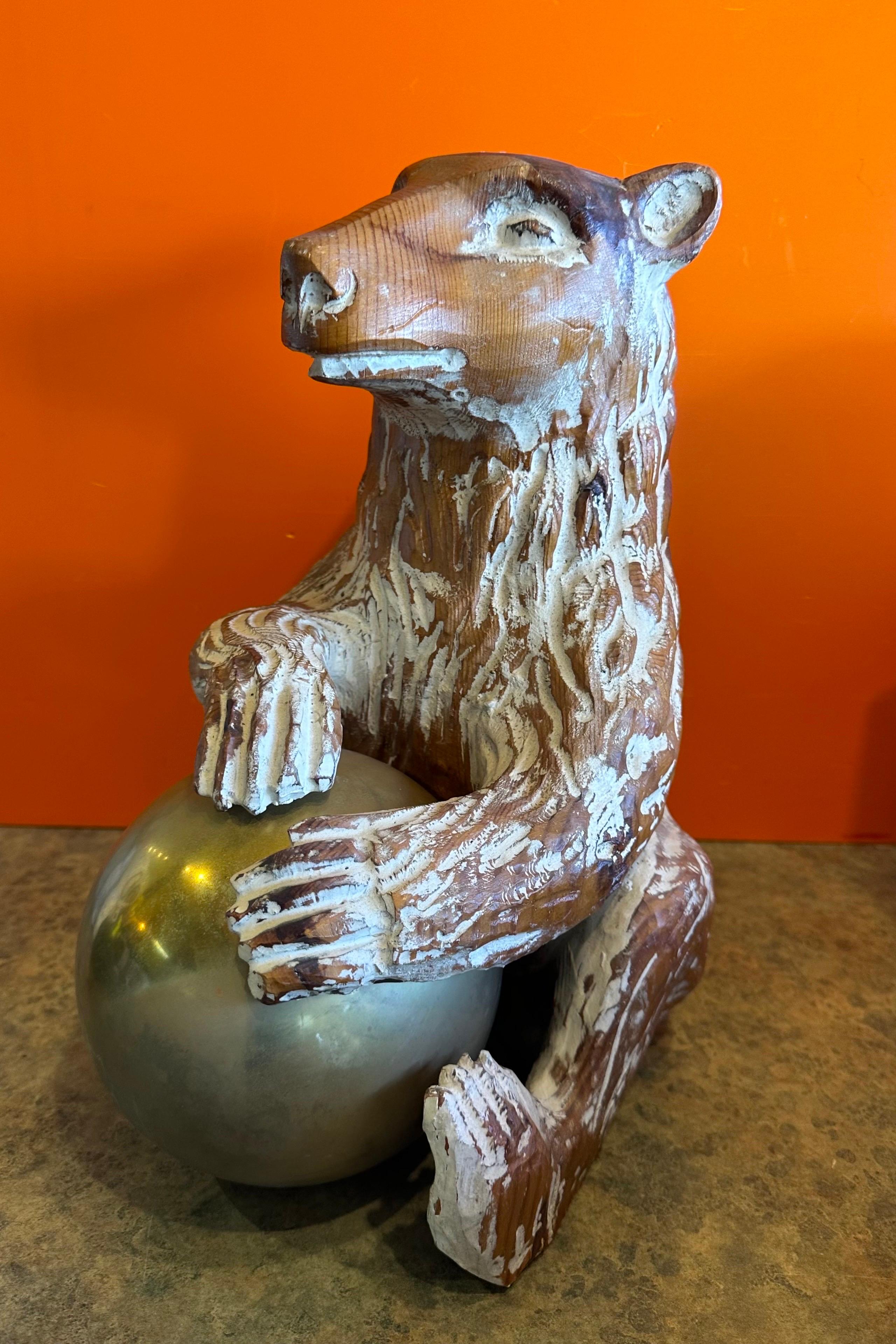 Hand Carved Knotty Pine Wood & Brass Bear Sculpture by Sarreid For Sale 4