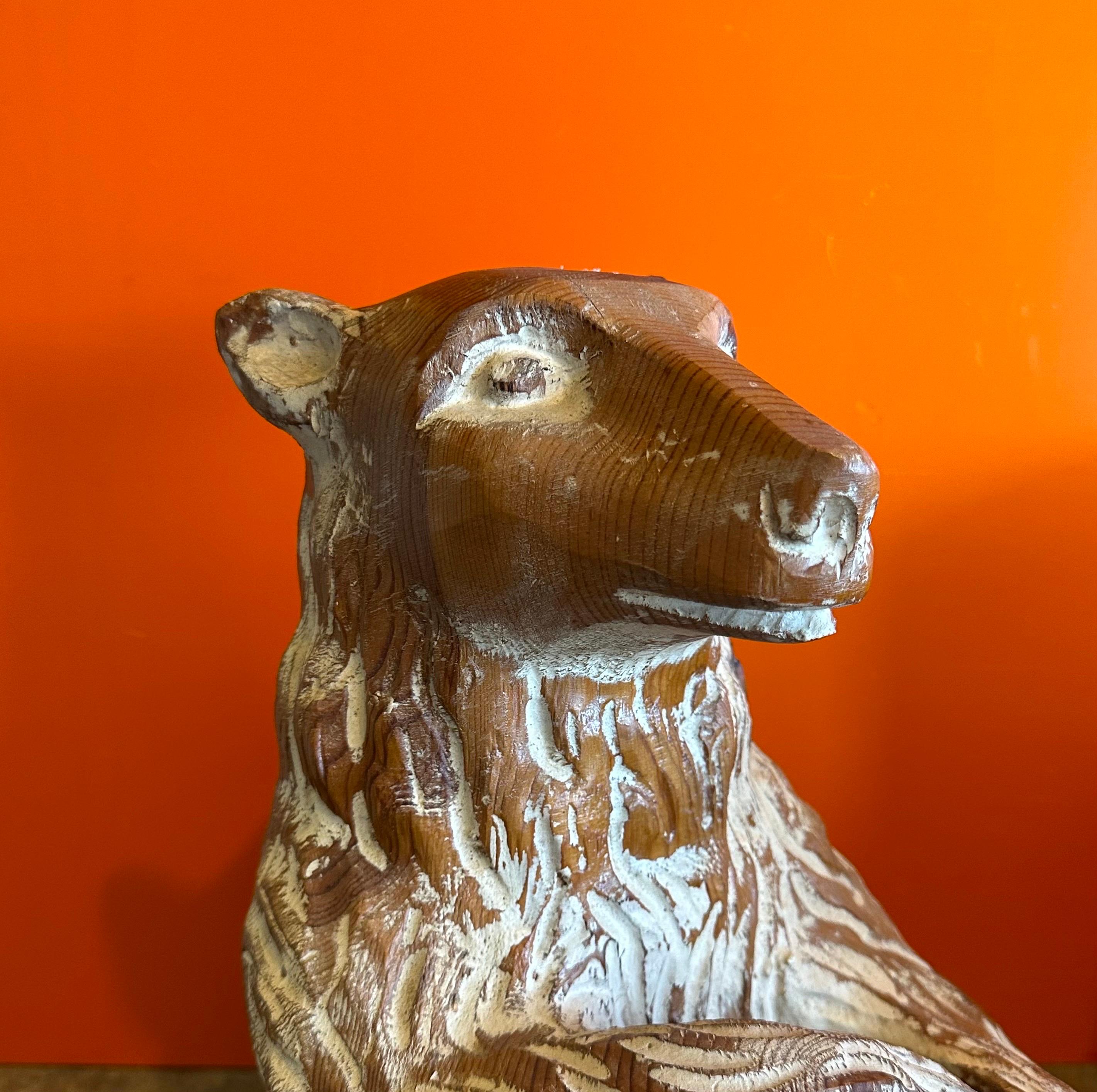 Hand Carved Knotty Pine Wood & Brass Bear Sculpture by Sarreid For Sale 5