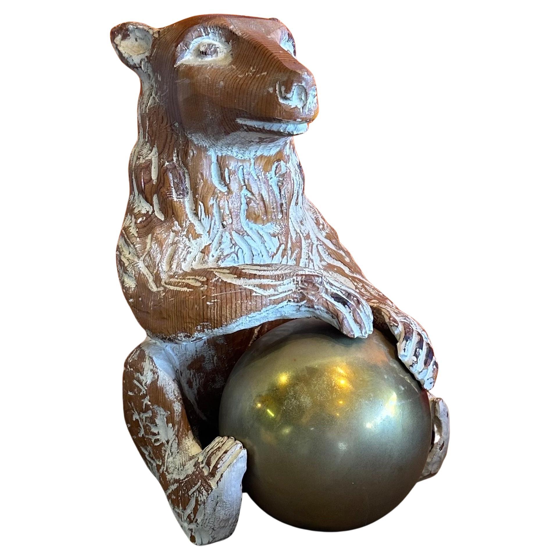 Hand Carved Knotty Pine Wood & Brass Bear Sculpture by Sarreid For Sale 8