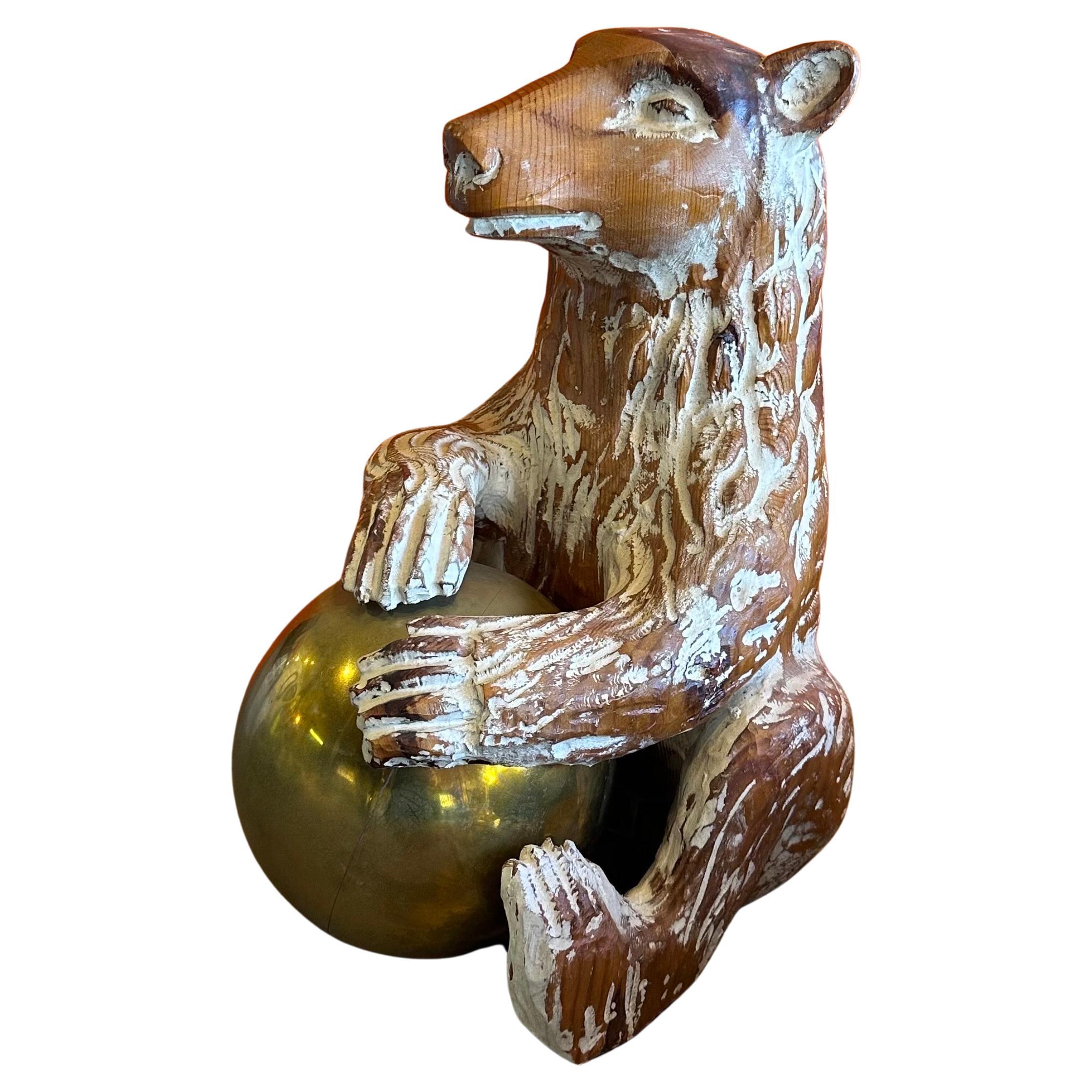 Mid-Century Modern Hand Carved Knotty Pine Wood & Brass Bear Sculpture by Sarreid For Sale