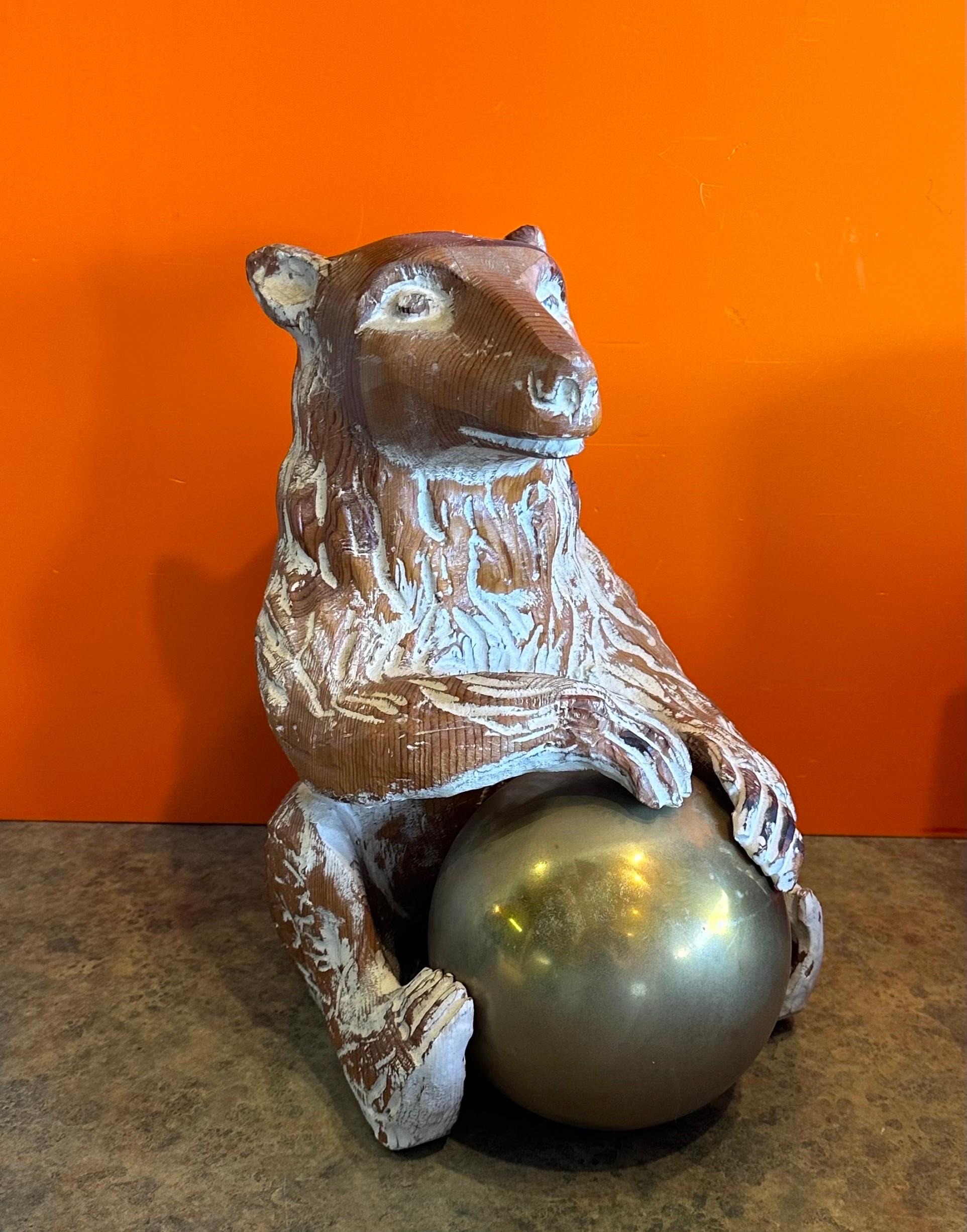 Spanish Hand Carved Knotty Pine Wood & Brass Bear Sculpture by Sarreid For Sale
