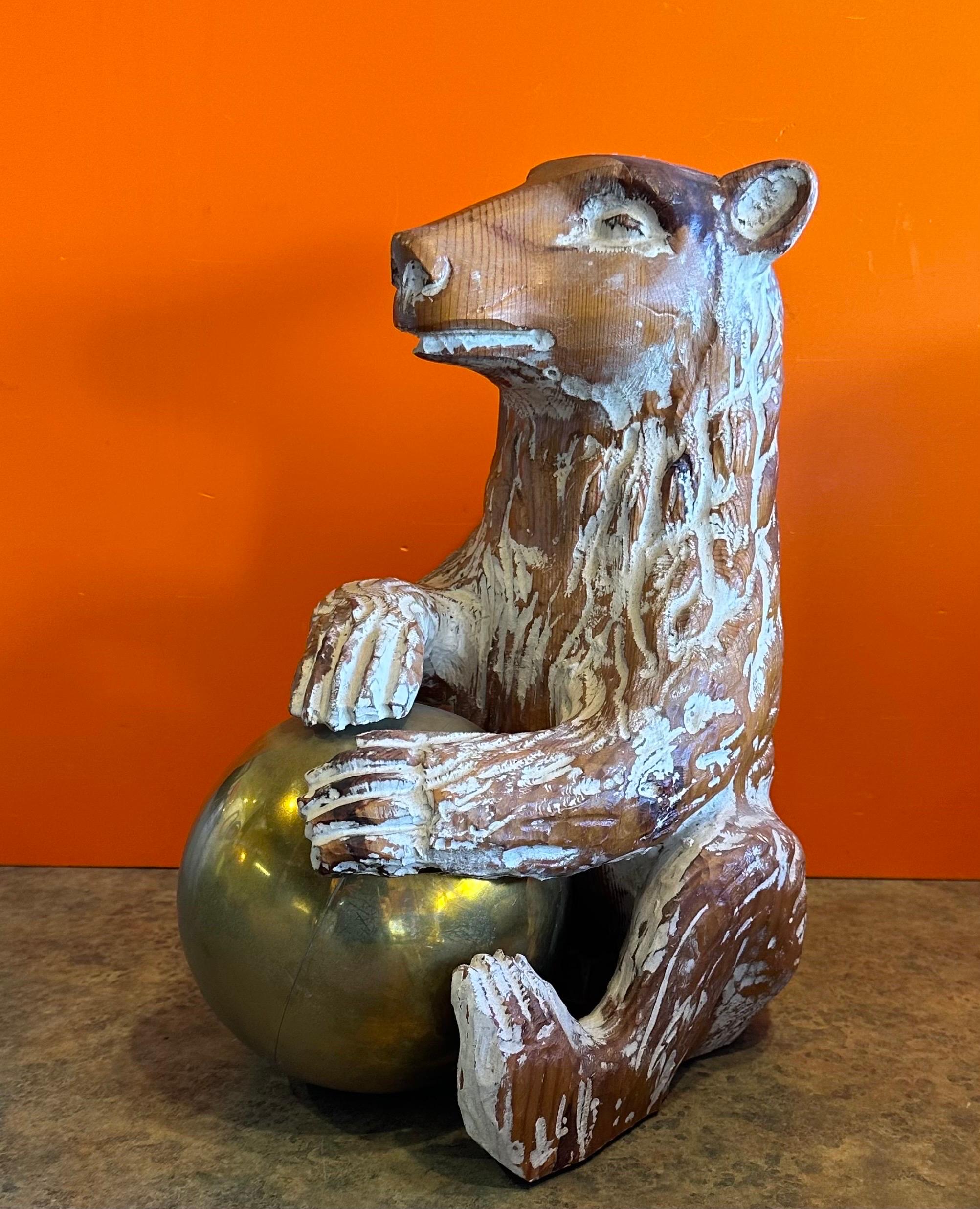 Hand-Carved Hand Carved Knotty Pine Wood & Brass Bear Sculpture by Sarreid For Sale