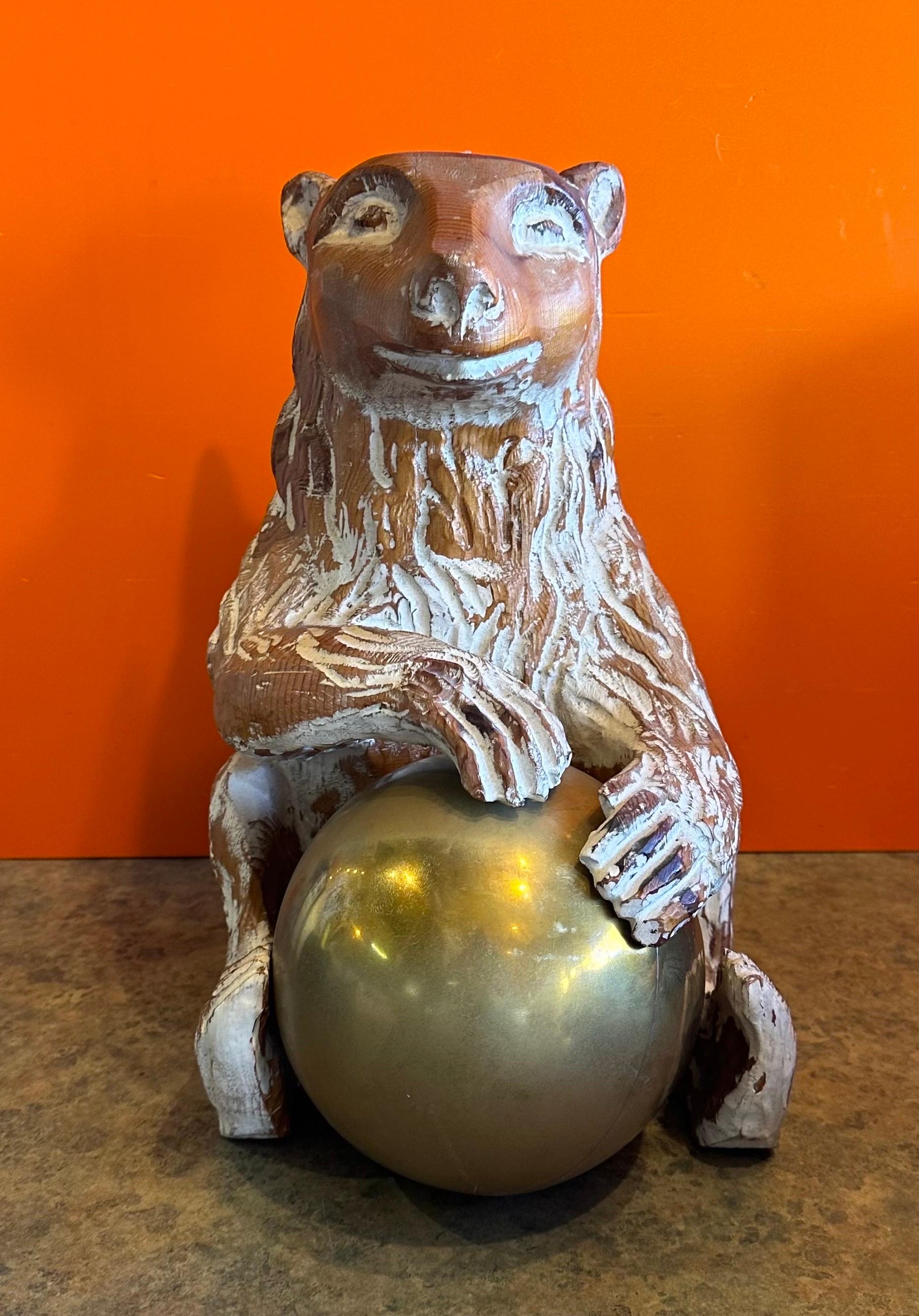 Hand Carved Knotty Pine Wood & Brass Bear Sculpture by Sarreid In Good Condition For Sale In San Diego, CA