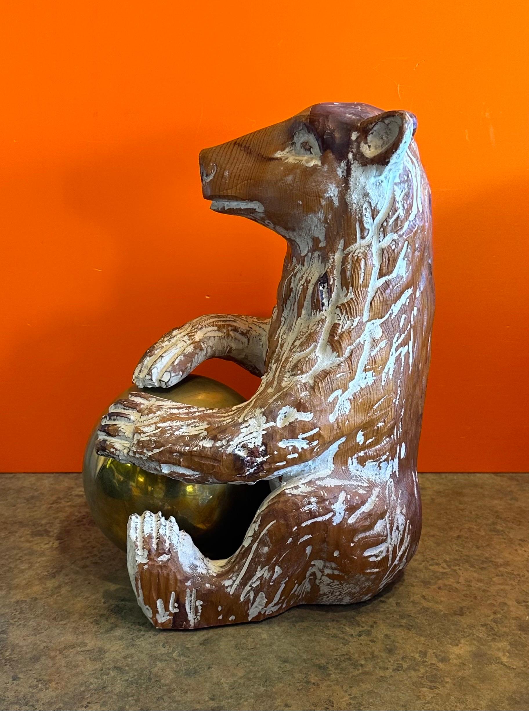 20th Century Hand Carved Knotty Pine Wood & Brass Bear Sculpture by Sarreid For Sale