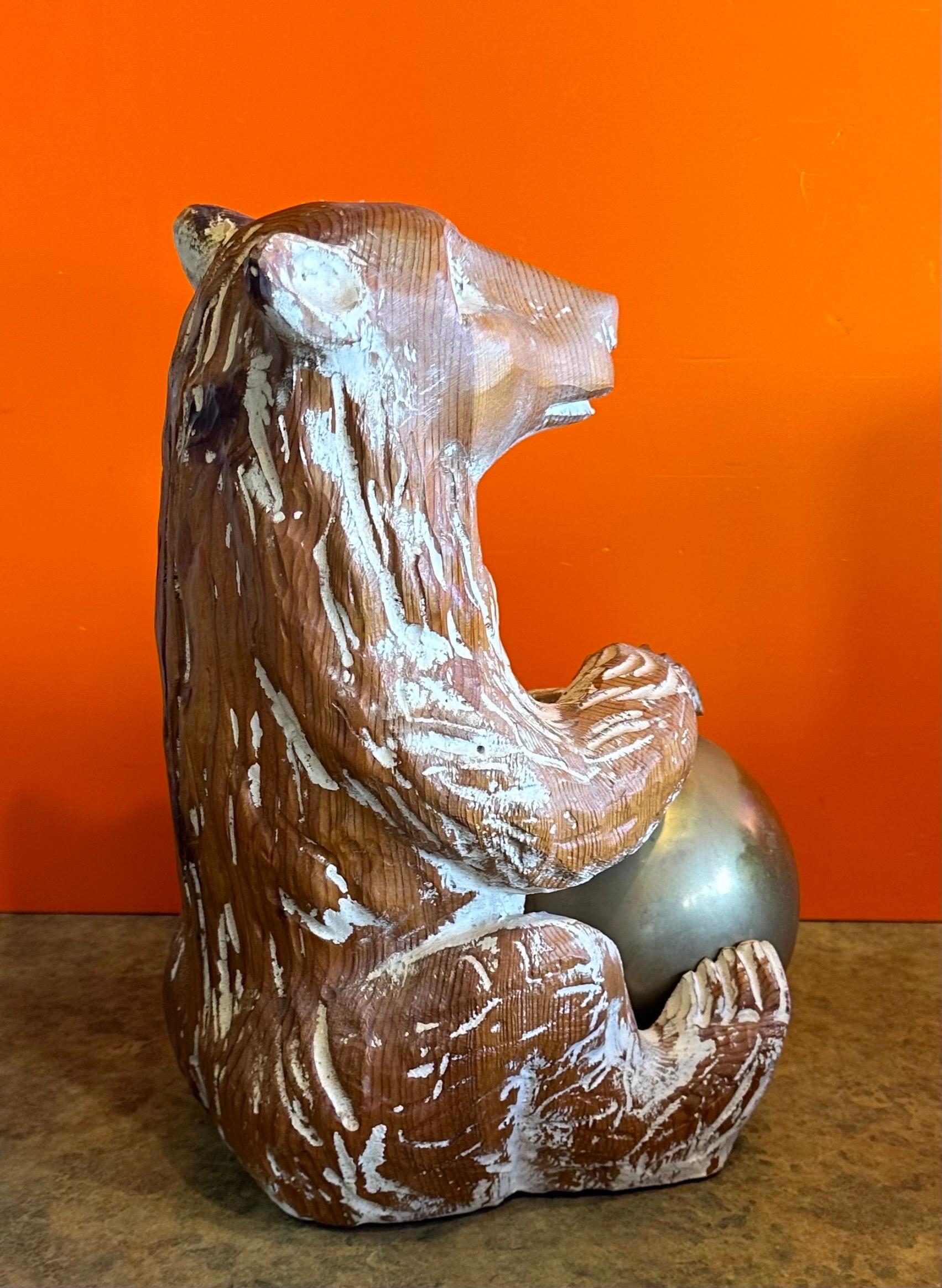 Hand Carved Knotty Pine Wood & Brass Bear Sculpture by Sarreid For Sale 2