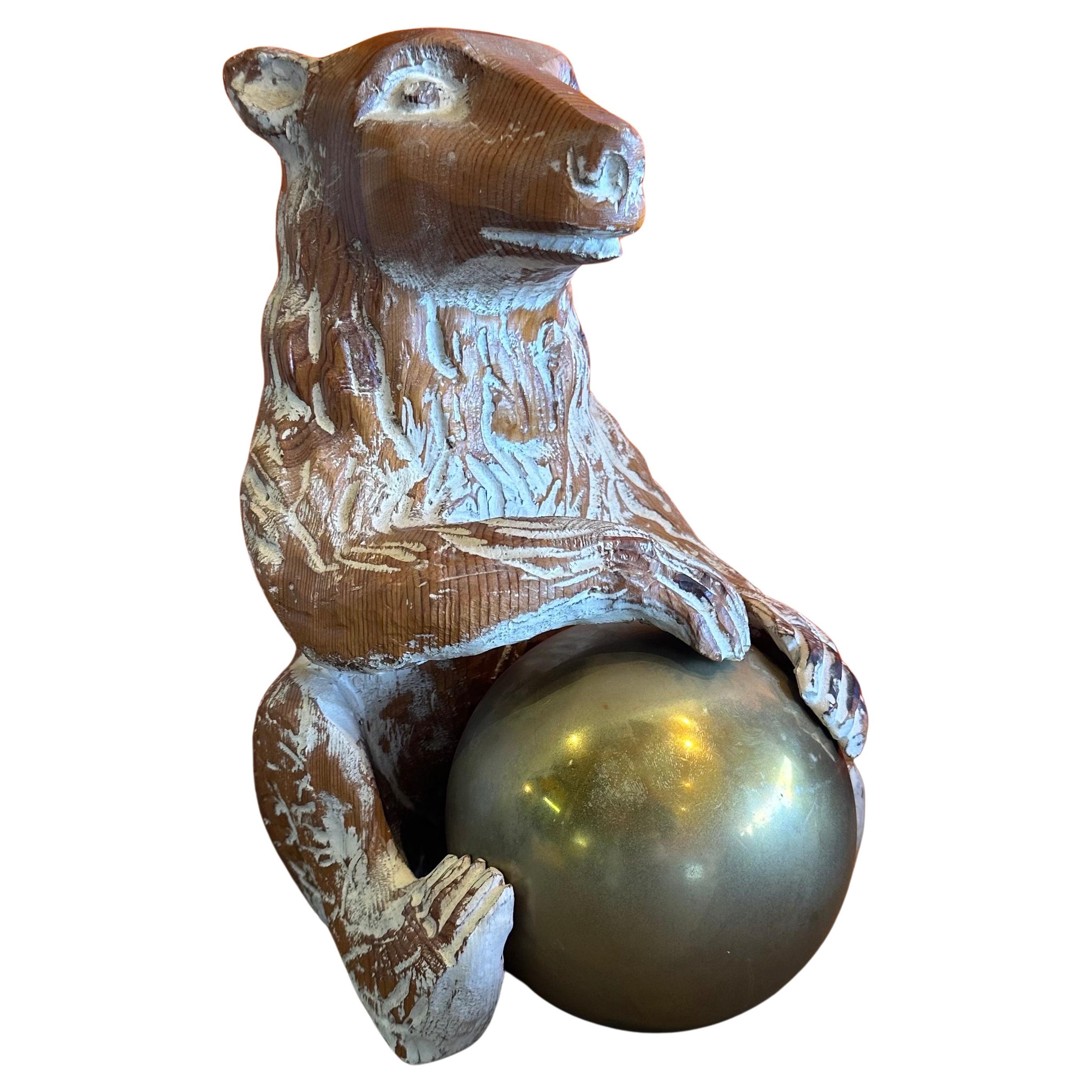 Hand Carved Knotty Pine Wood & Brass Bear Sculpture by Sarreid For Sale