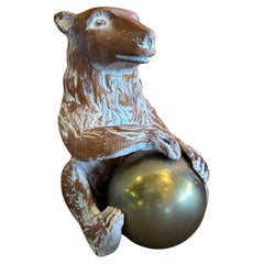 Hand Carved Knotty Pine Wood & Brass Bear Sculpture by Sarreid