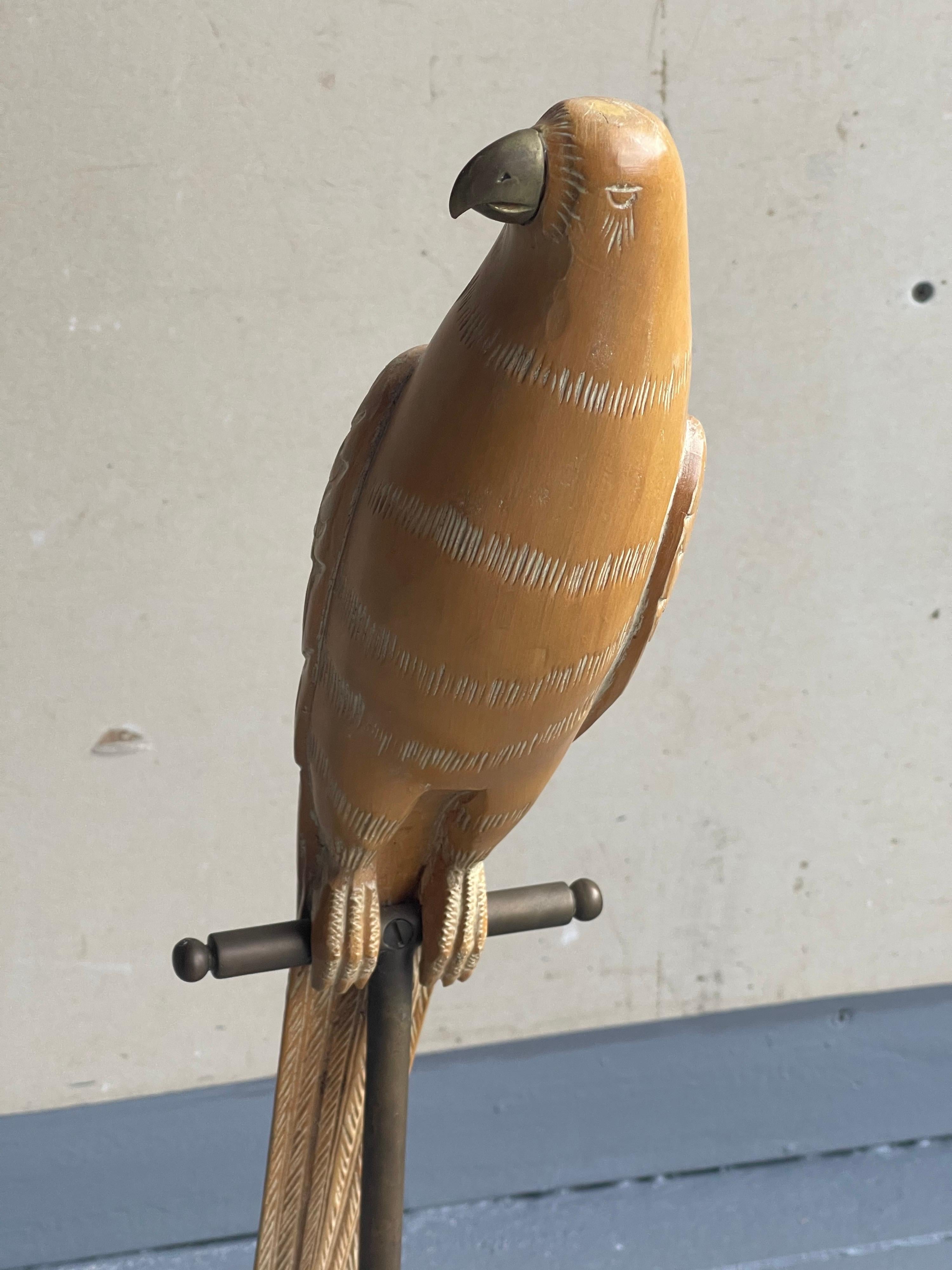 20th Century Hand Carved Knotty Pine Wood Parrot on Perch Sculpture by Sarreid Ltd.
