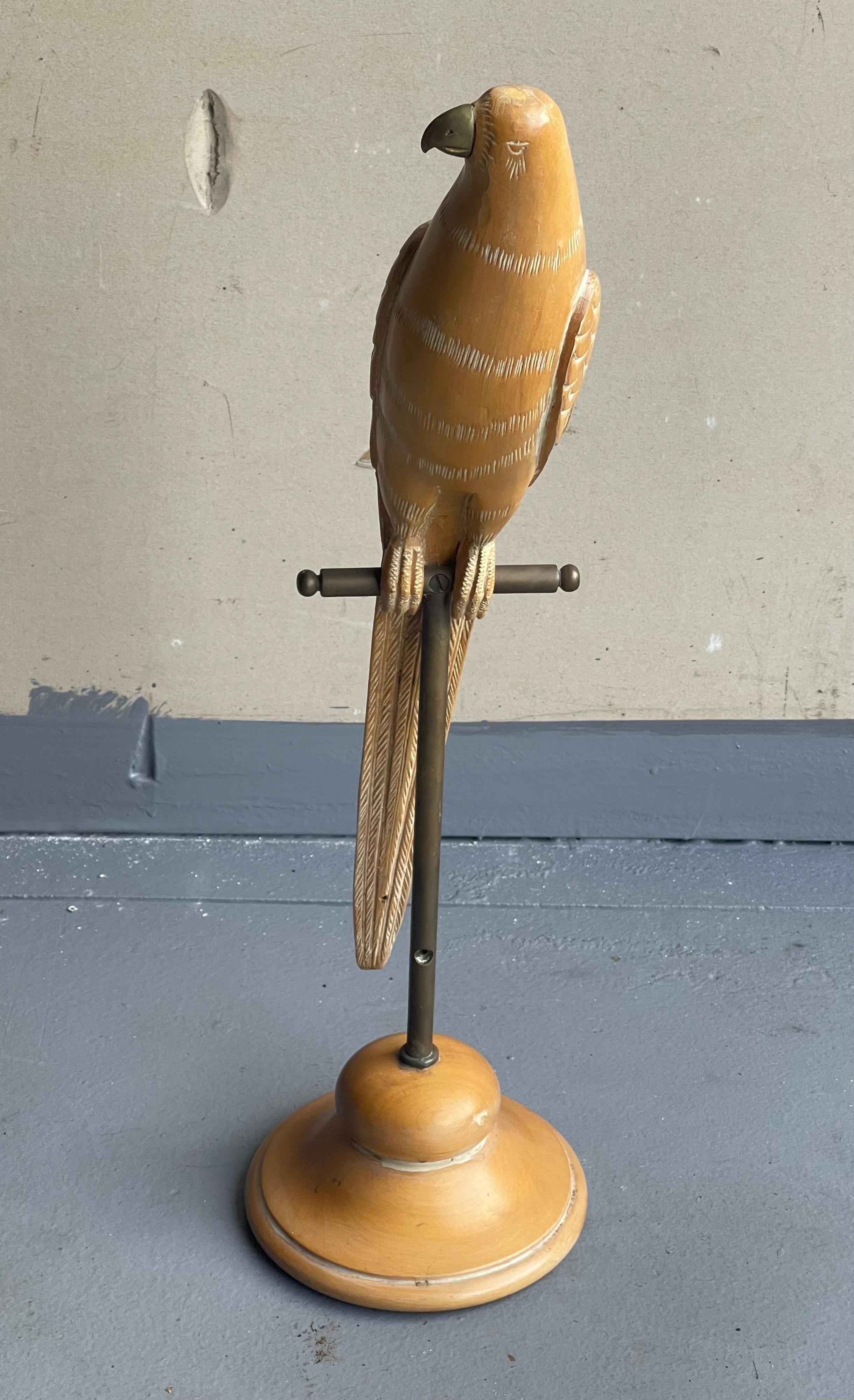 Spanish Hand Carved Knotty Pine Wood Parrot on Perch Sculpture by Sarreid Ltd.