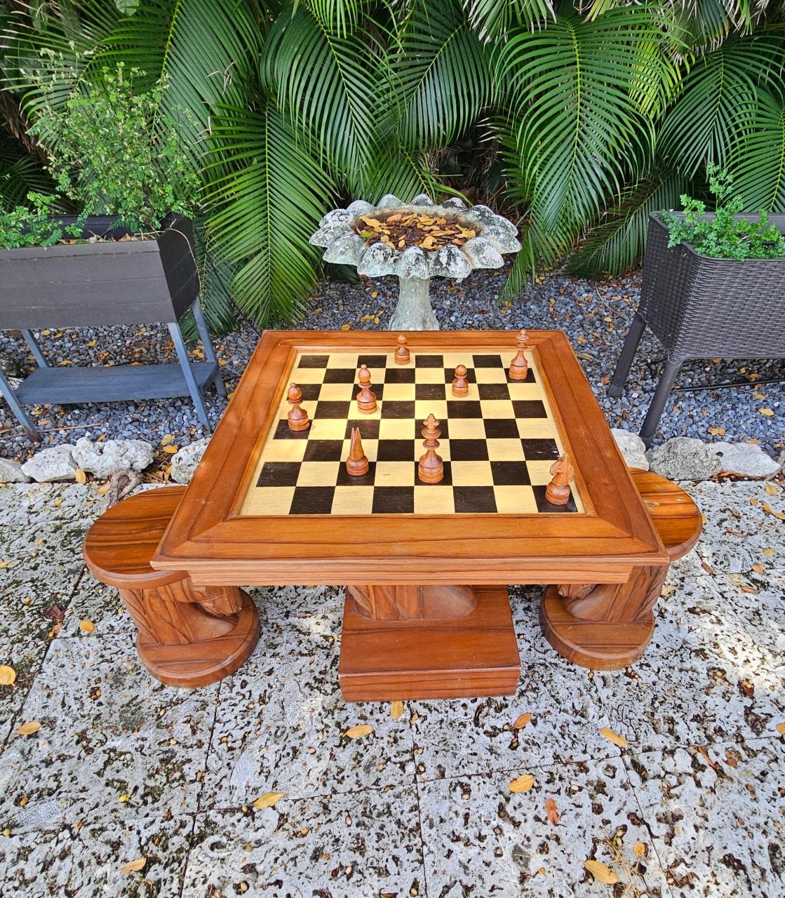 Hand-Carved Koa Wood Chess Table with Intricate Horsehead Pedestal and Stools - Complete Chess Set Included
In the style of Billy Haines 
 Experience the elegance of this vintage hand-carved koa wood chess table, featuring a stunning  horse head 