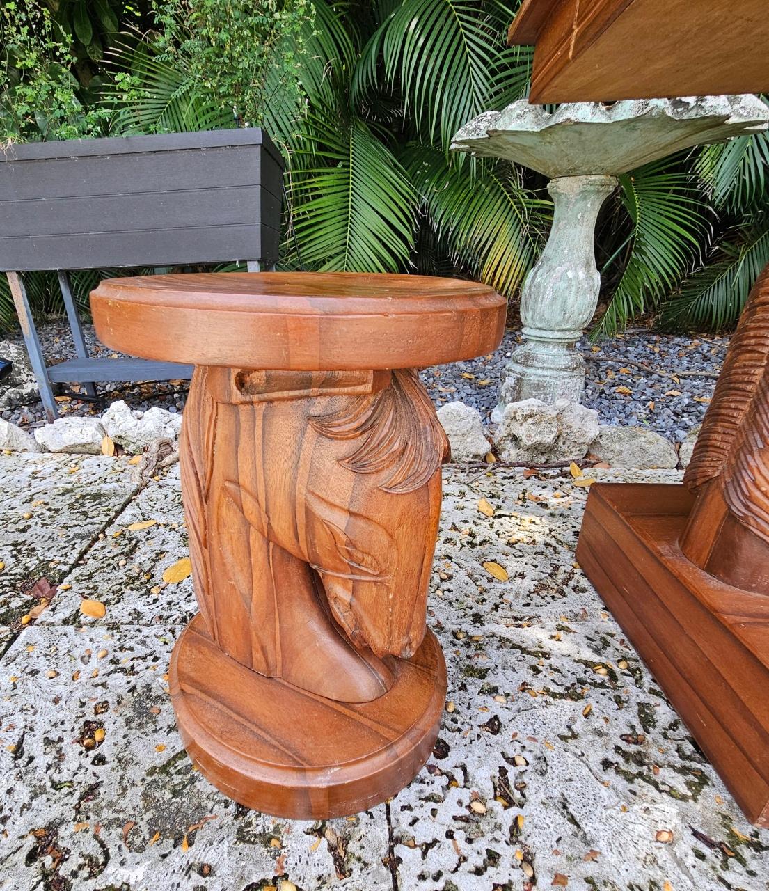 Mid-Century Modern Hand-Carved Koa Wood Chess Table with Intricate Horsehead Pedestal and Stools For Sale