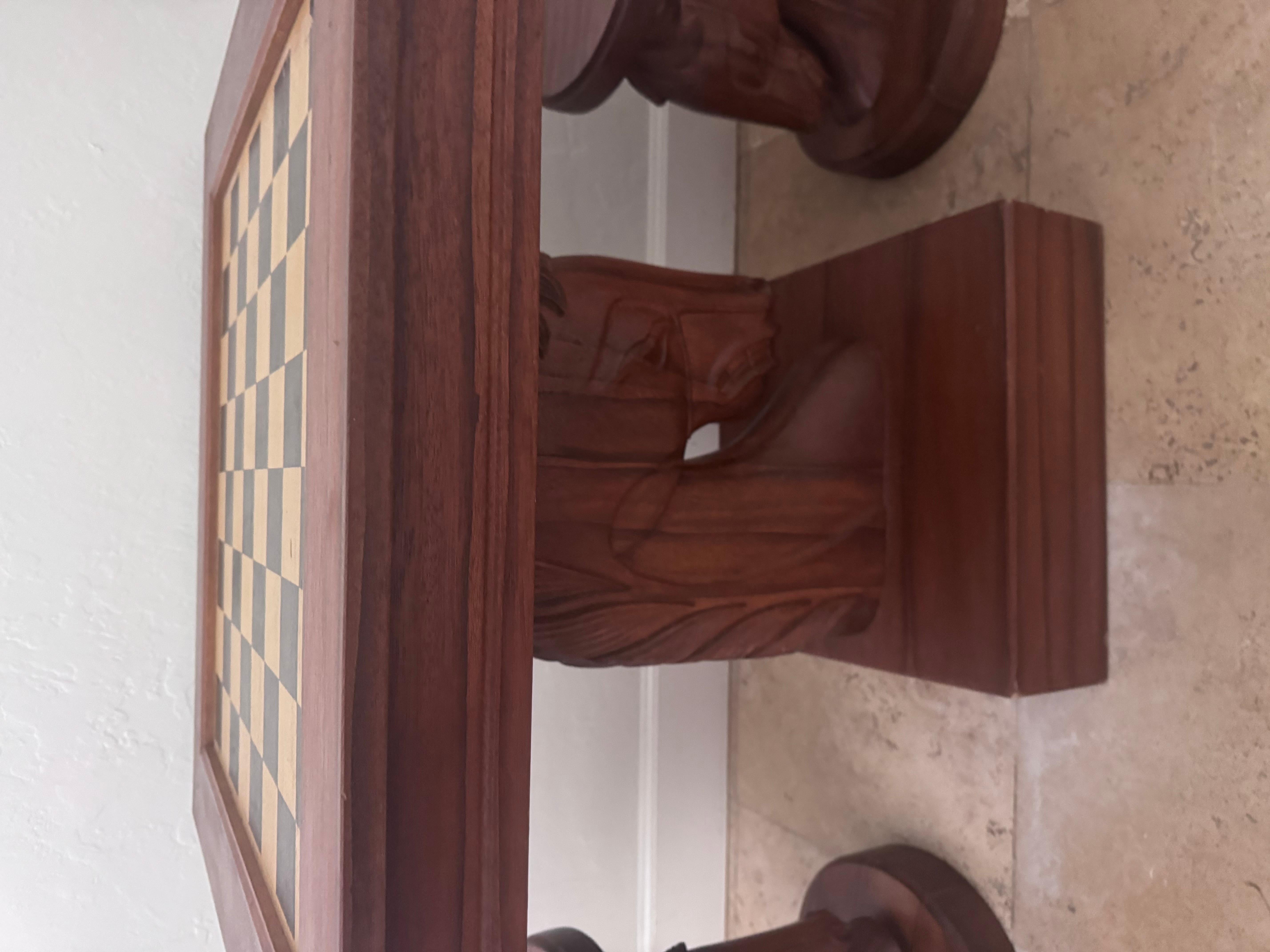 Hand-Carved Koa Wood Chess Table with Intricate Horsehead Pedestal and Stools In Good Condition For Sale In West Palm Beach, US