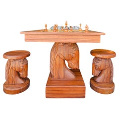 Hand-Carved Koa Wood Chess Table with Intricate Horsehead Pedestal and Stools