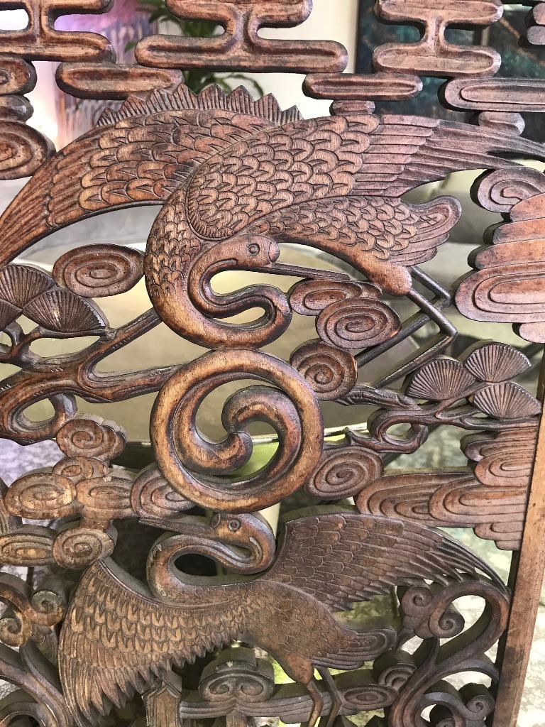 Hand-Carved Hand Carved Korean Wood Panel of Cranes