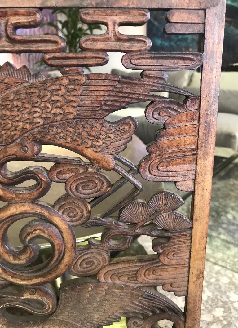 Hand Carved Korean Wood Panel of Cranes In Good Condition In Studio City, CA
