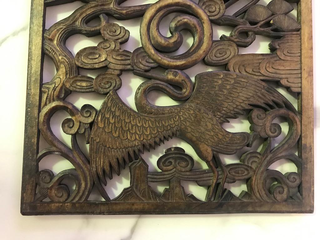 20th Century Hand Carved Korean Wood Panel of Cranes