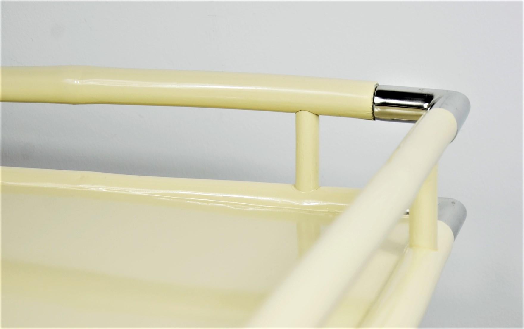 Hand Carved Lacquered Creamy White Bamboo w/ Chrome Accents Tray & Folding Stand For Sale 2