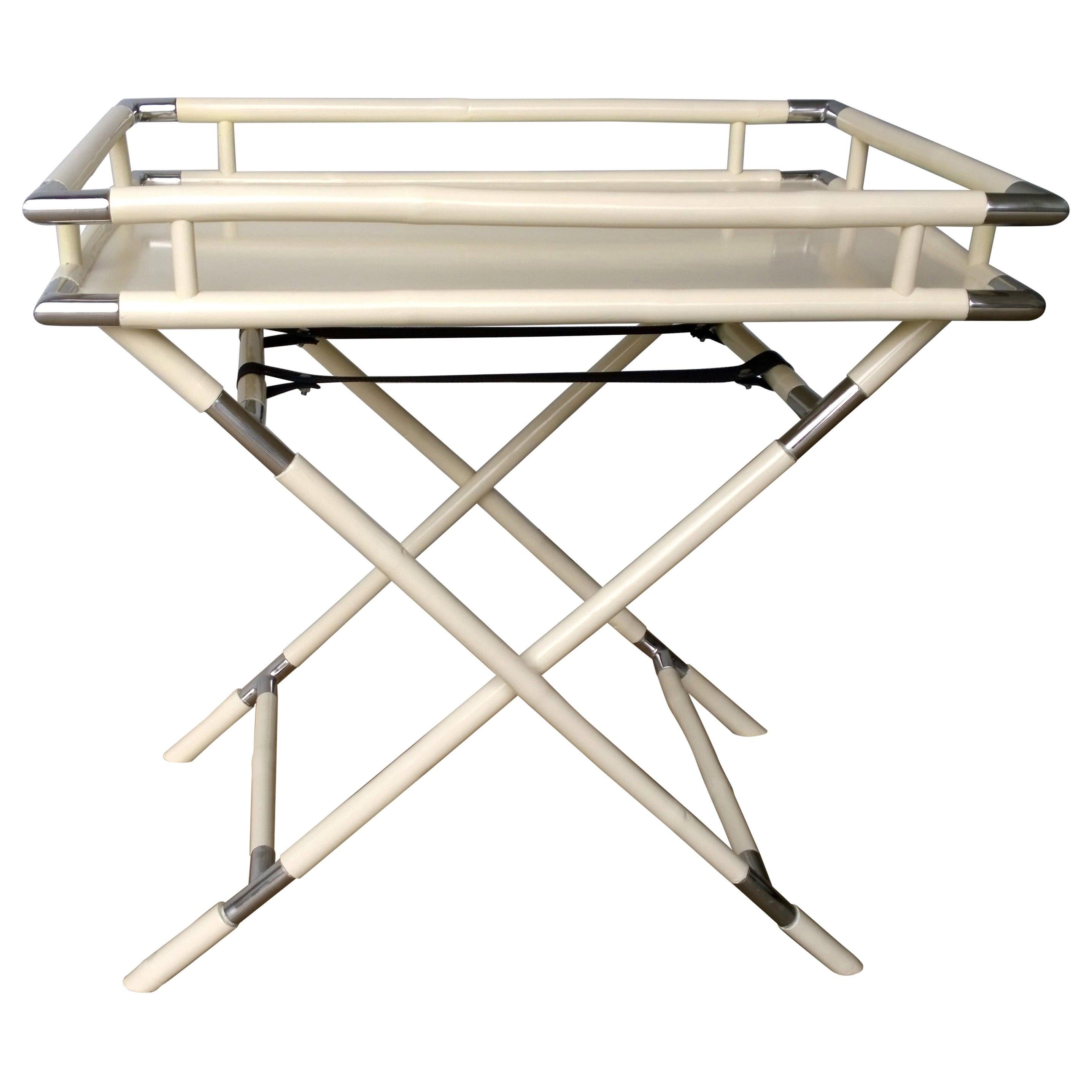 Hand Carved Lacquered Creamy White Bamboo w/ Chrome Accents Tray & Folding Stand For Sale