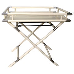 Hand Carved Lacquered Creamy White Bamboo w/ Chrome Accents Tray & Folding Stand