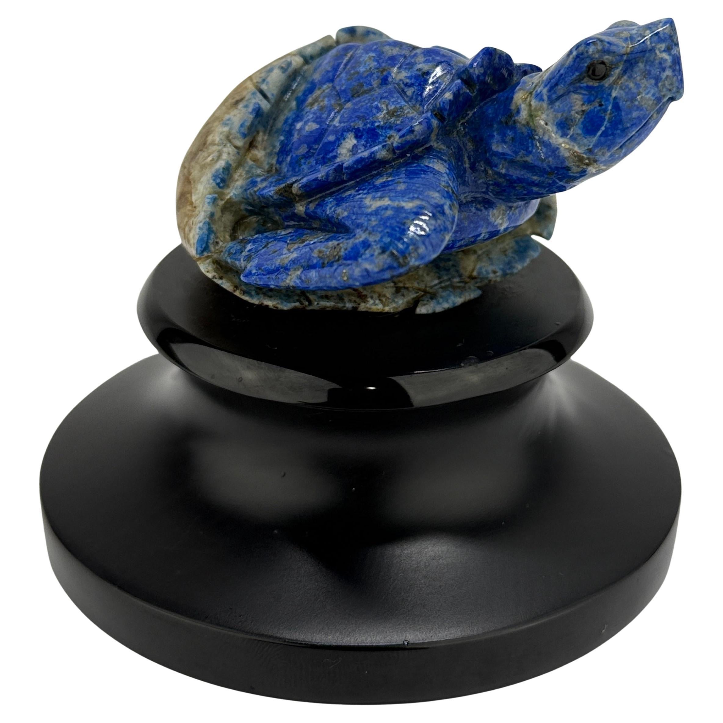 Hand Carved Lapis Lazuli "Hatching Turtle" Gemstone Sculpture