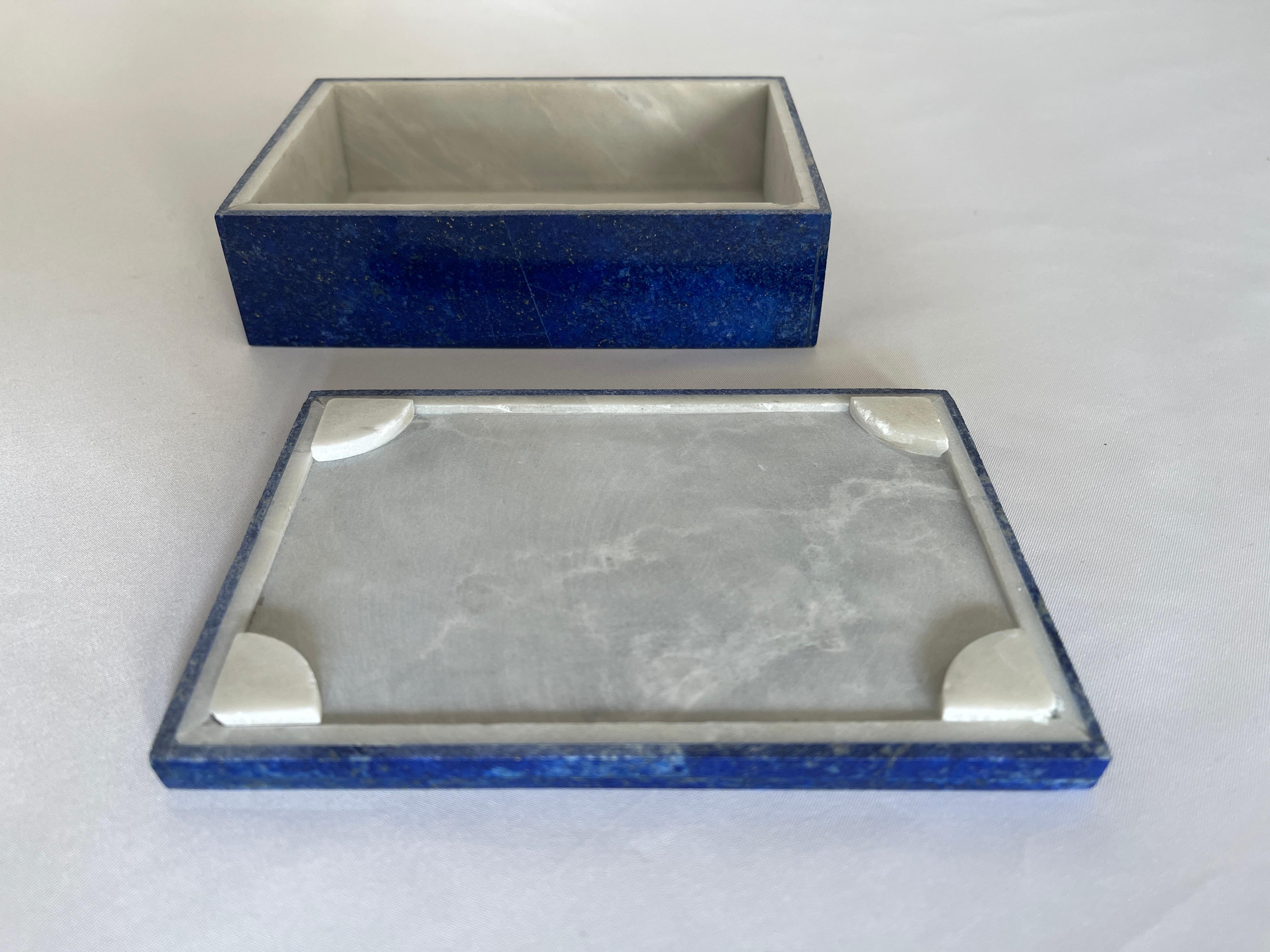 Hand Carved Lapis Lazuli Mosaic Jewelry Box with Marble Interior For Sale 4