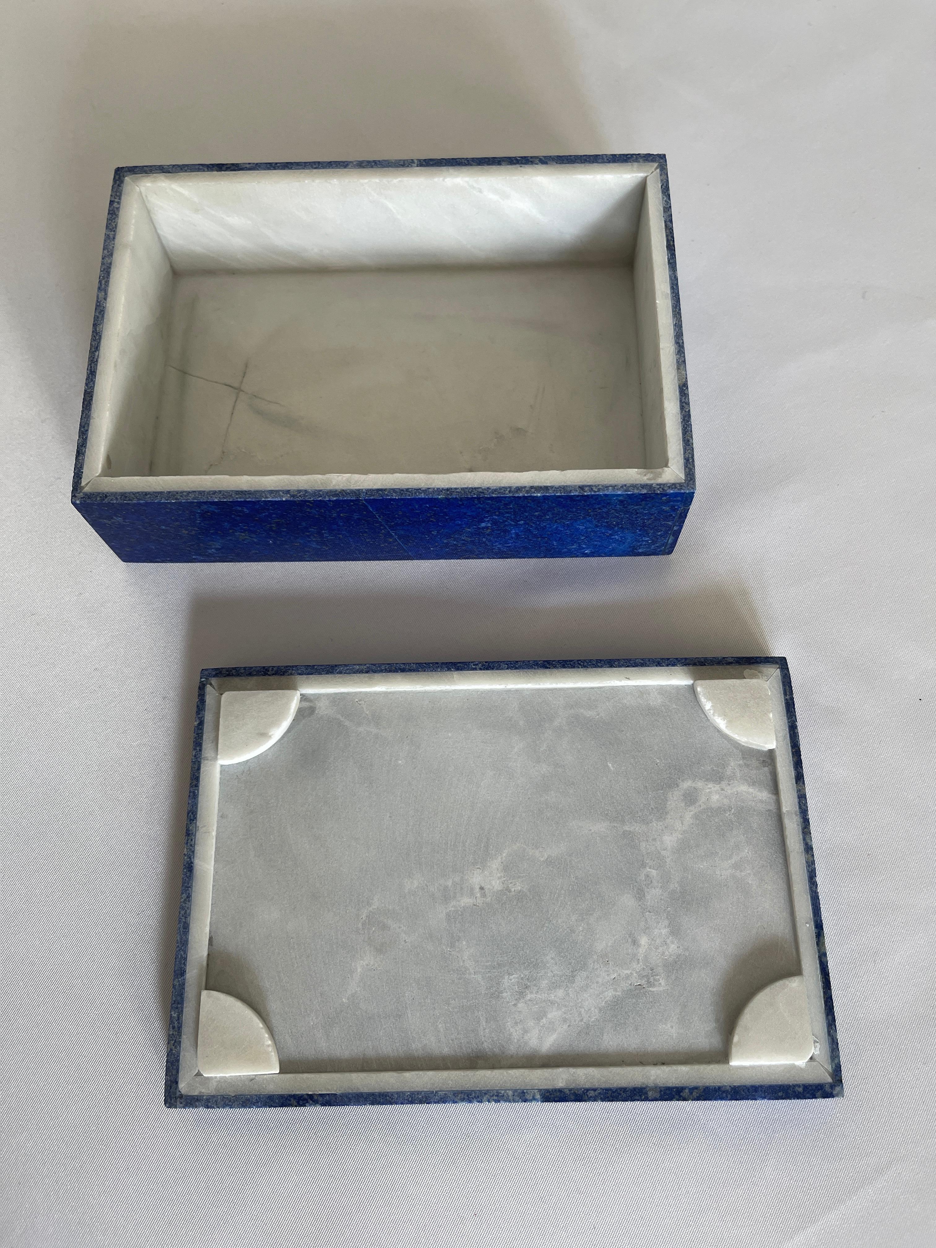 Hand Carved Lapis Lazuli Mosaic Jewelry Box with Marble Interior For Sale 5
