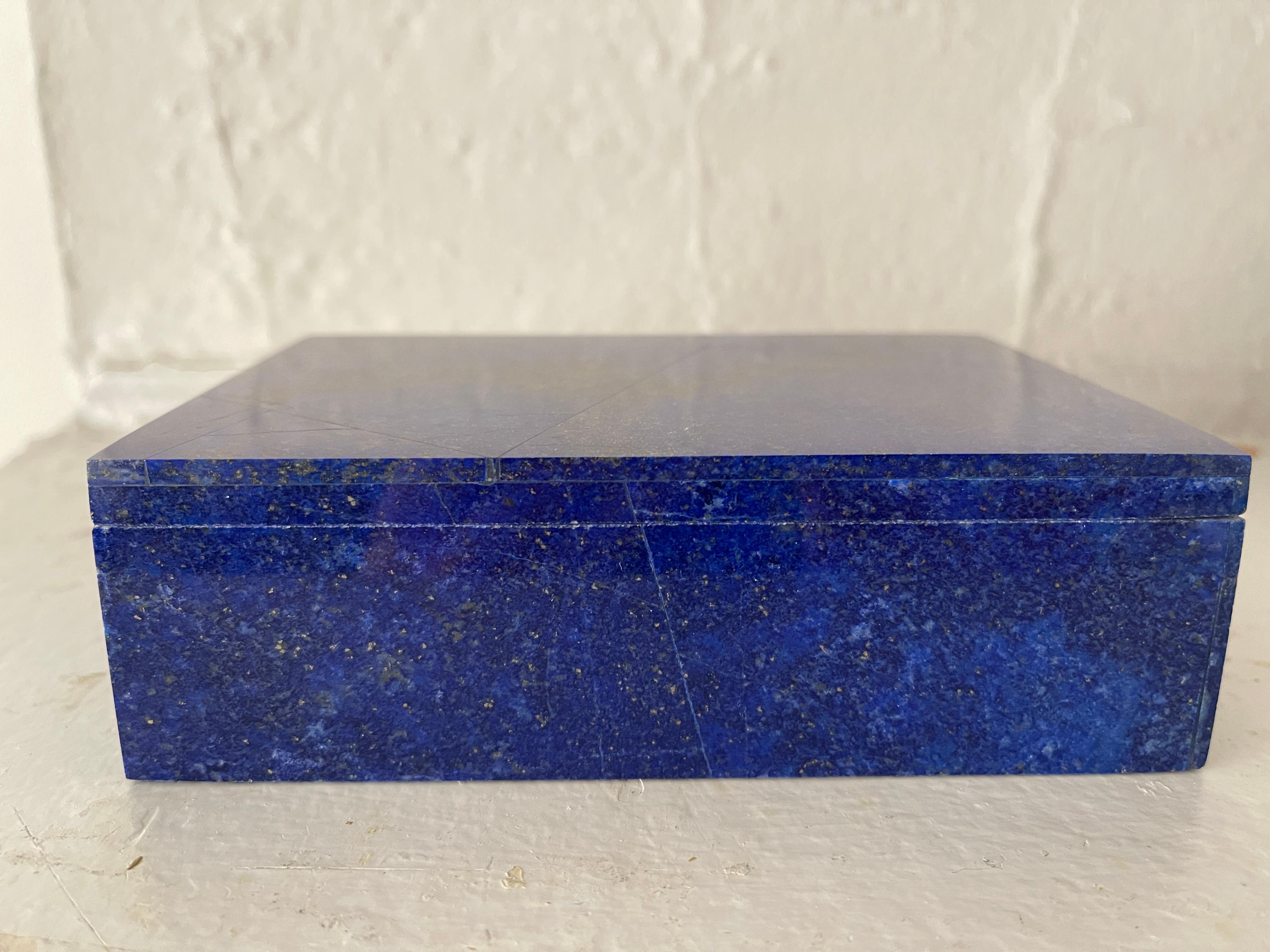 Modern Hand Carved Lapis Lazuli Mosaic Jewelry Box with Marble Interior For Sale