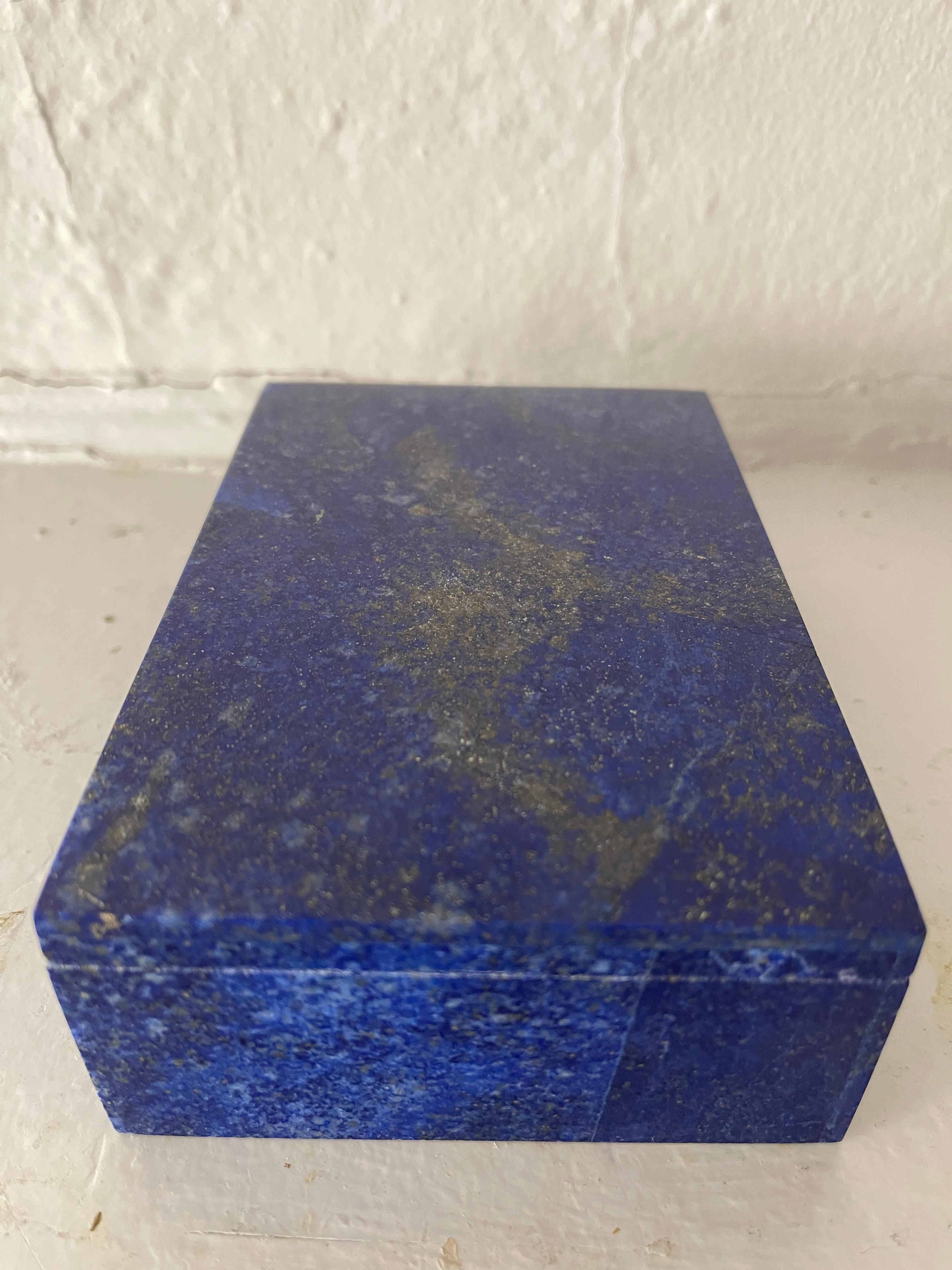 Contemporary Hand Carved Lapis Lazuli Mosaic Jewelry Box with Marble Interior For Sale