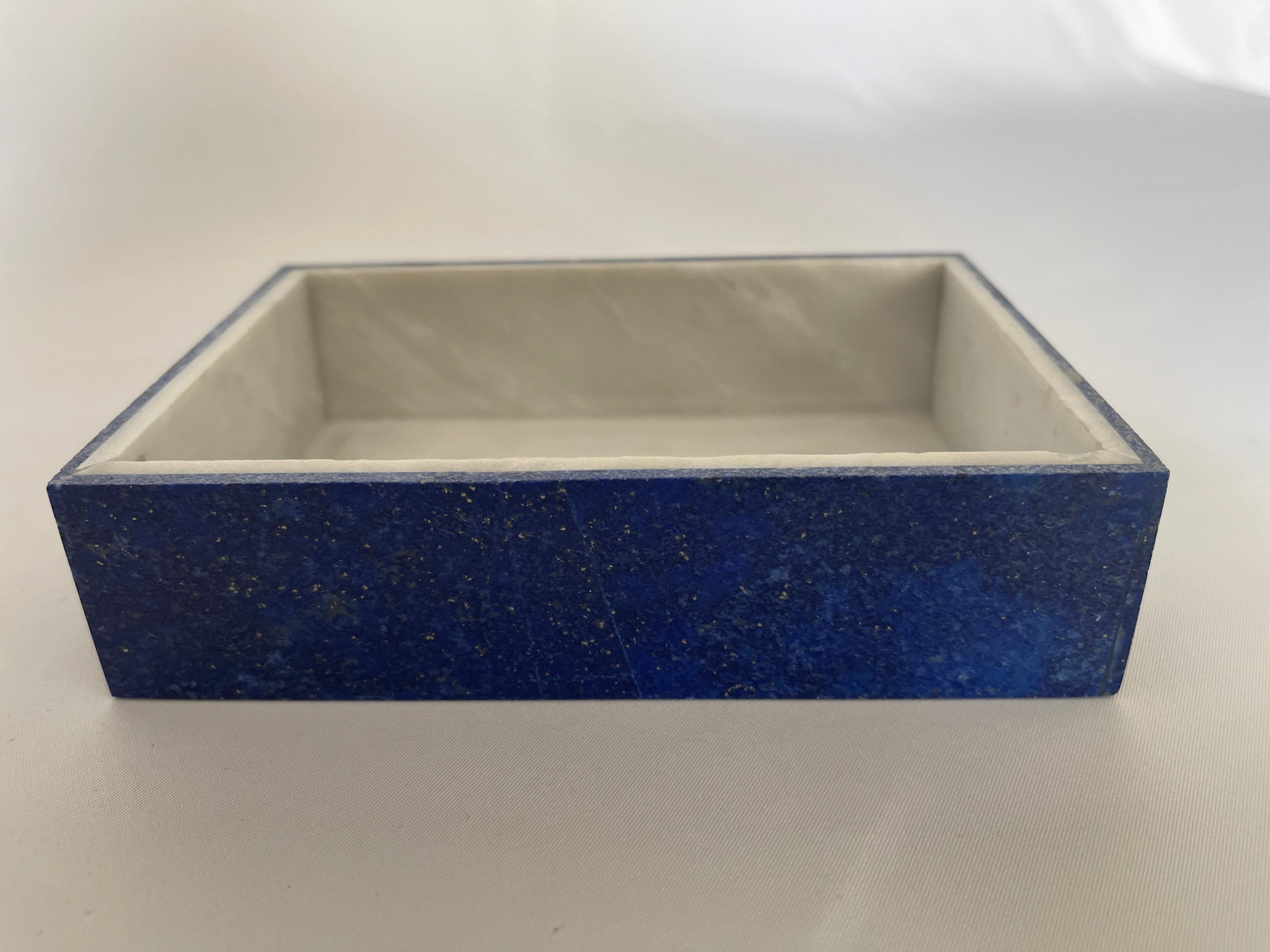 Hand Carved Lapis Lazuli Mosaic Jewelry Box with Marble Interior For Sale 2