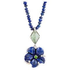 Hand-Carved Lapis Lazuli Silver Flower Pendant
