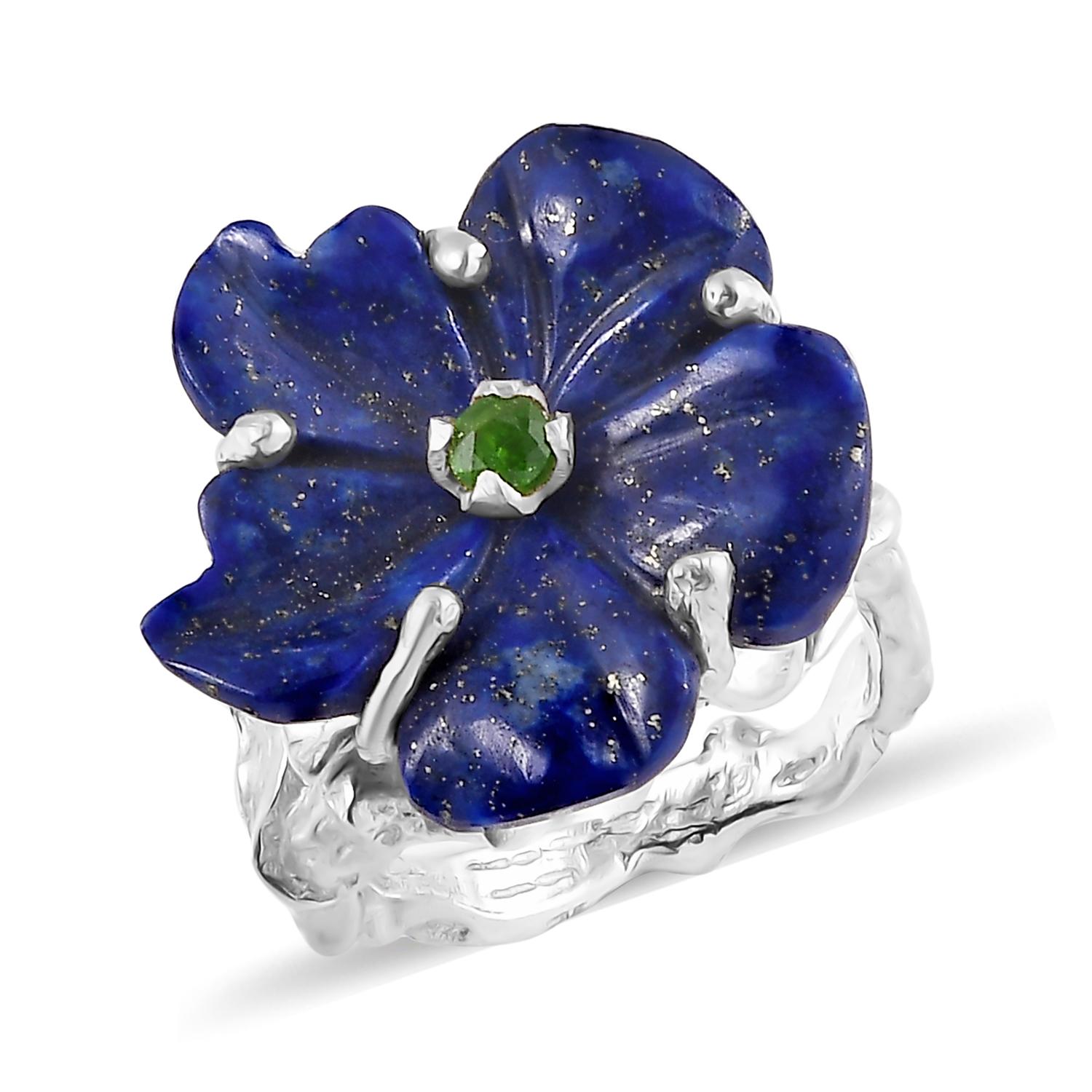 Handgeschnitzter Lapislazuli Silber Blumenring (Cabochon) im Angebot