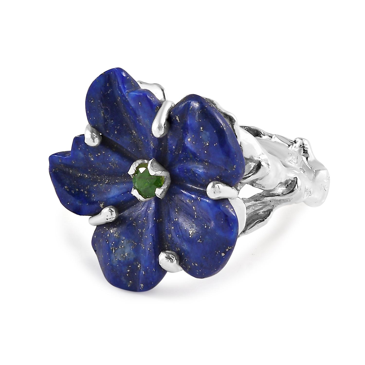 Handgeschnitzter Lapislazuli Silber Blumenring im Zustand „Neu“ im Angebot in Frome, Somerset