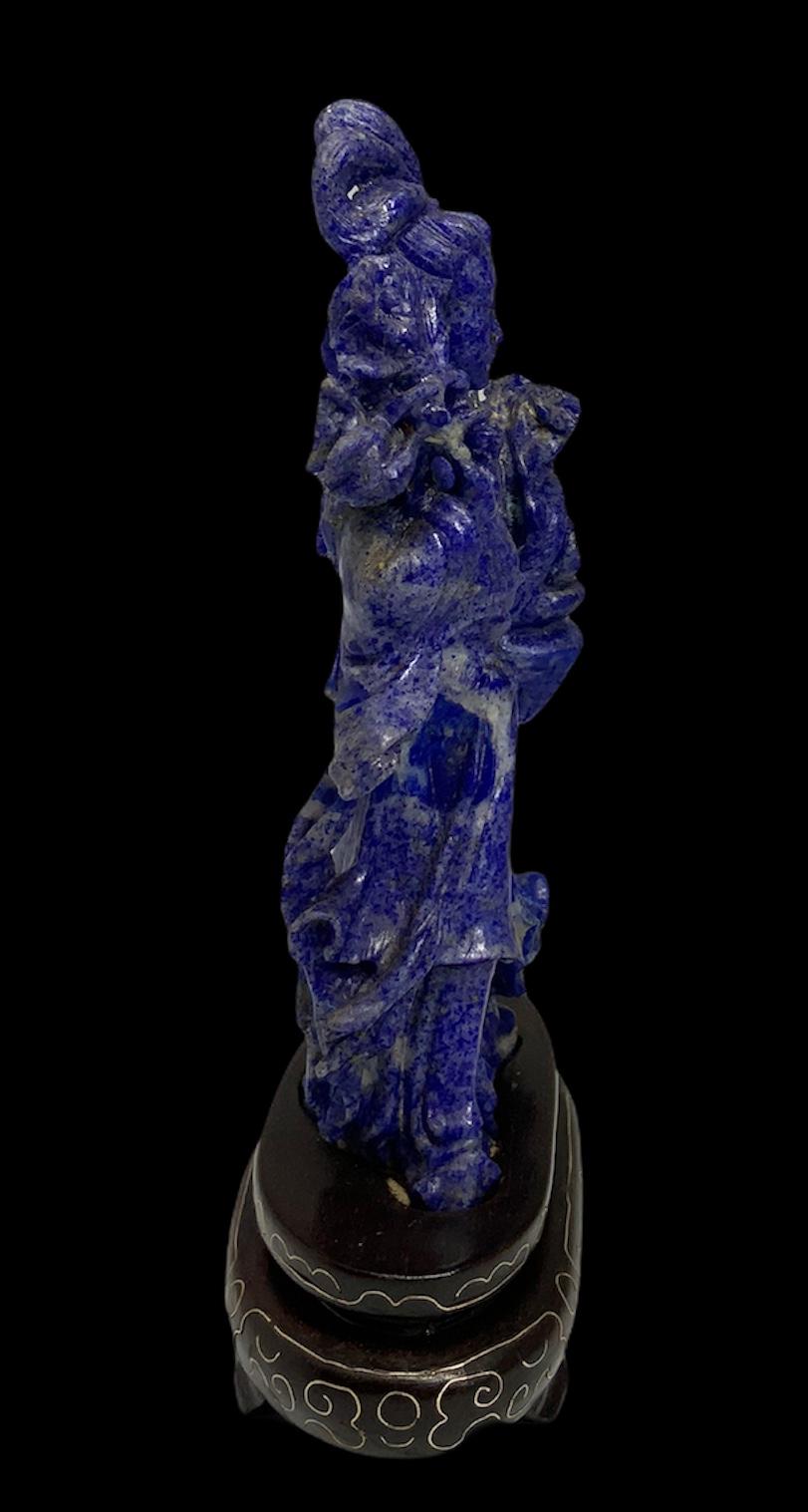 Chinese Export Hand Carved Lapis Lazuli Statue of He Xiangu