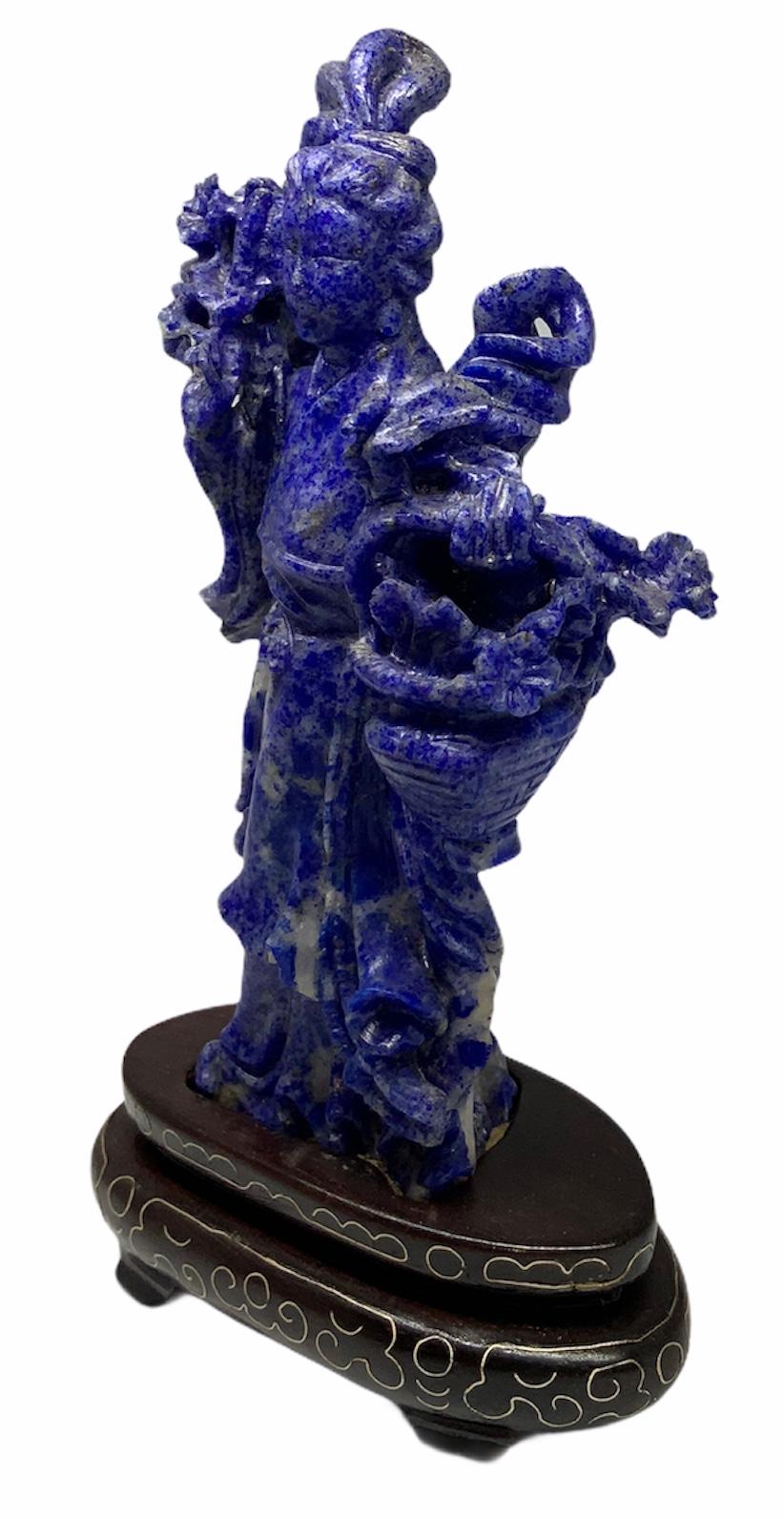 Chinese Hand Carved Lapis Lazuli Statue of He Xiangu