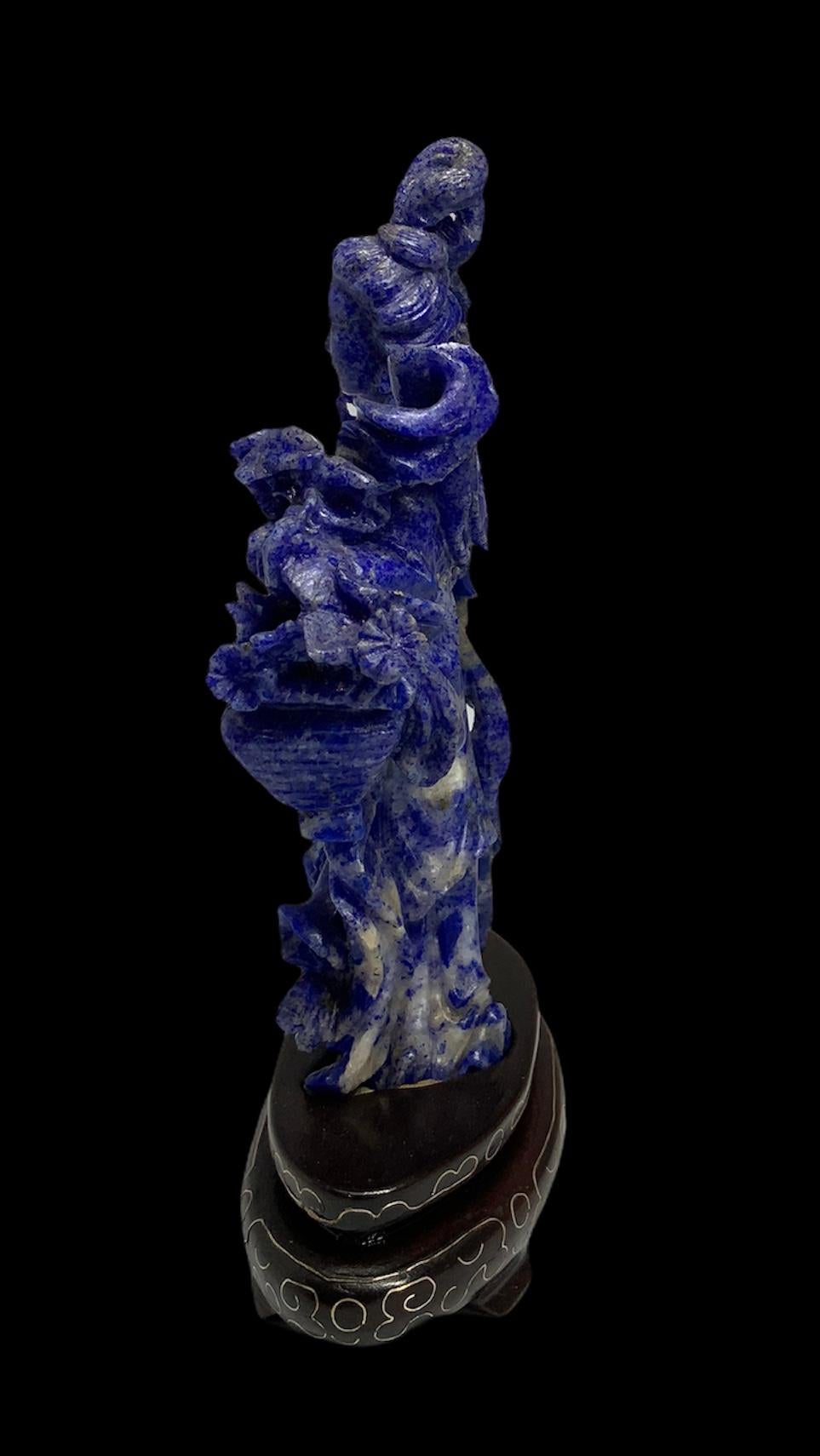 Hand-Carved Hand Carved Lapis Lazuli Statue of He Xiangu