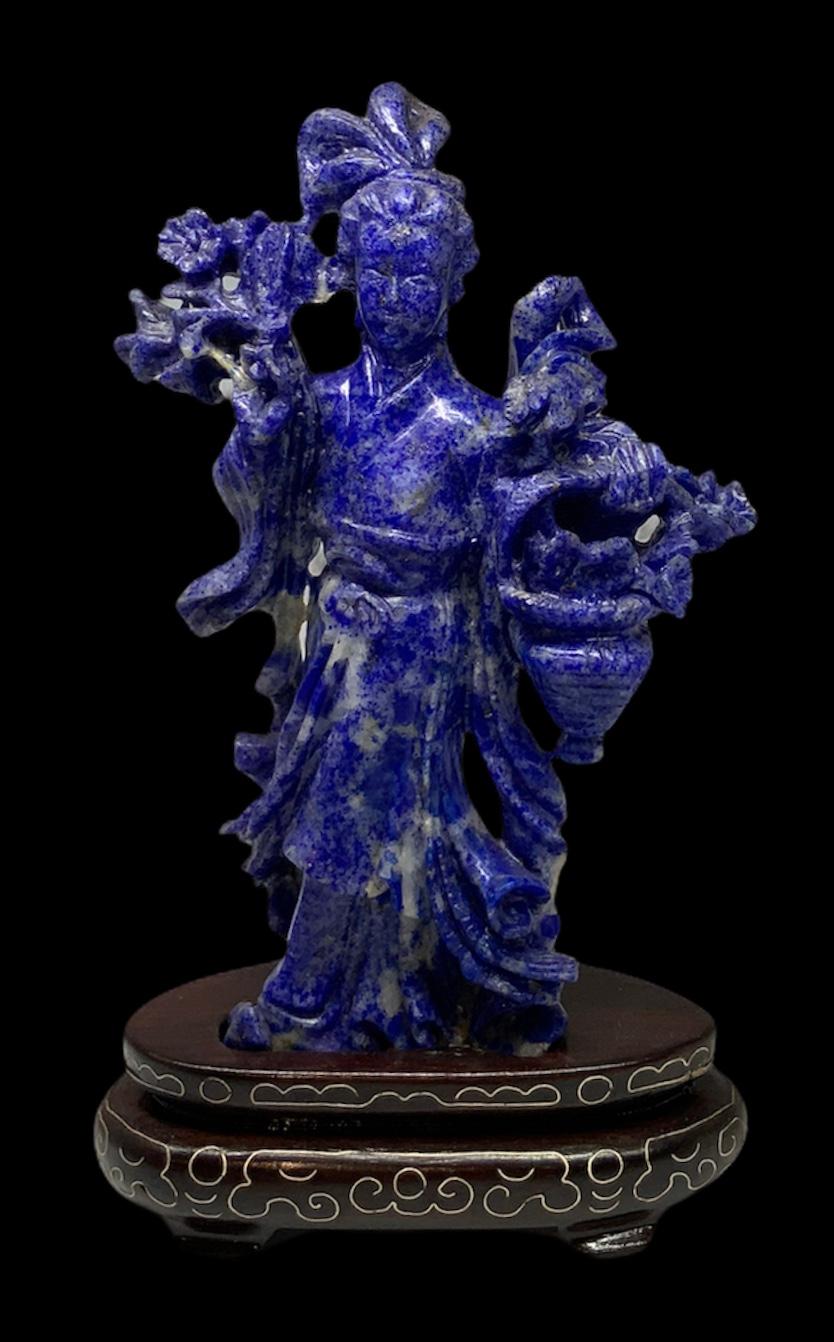 19th Century Hand Carved Lapis Lazuli Statue of He Xiangu