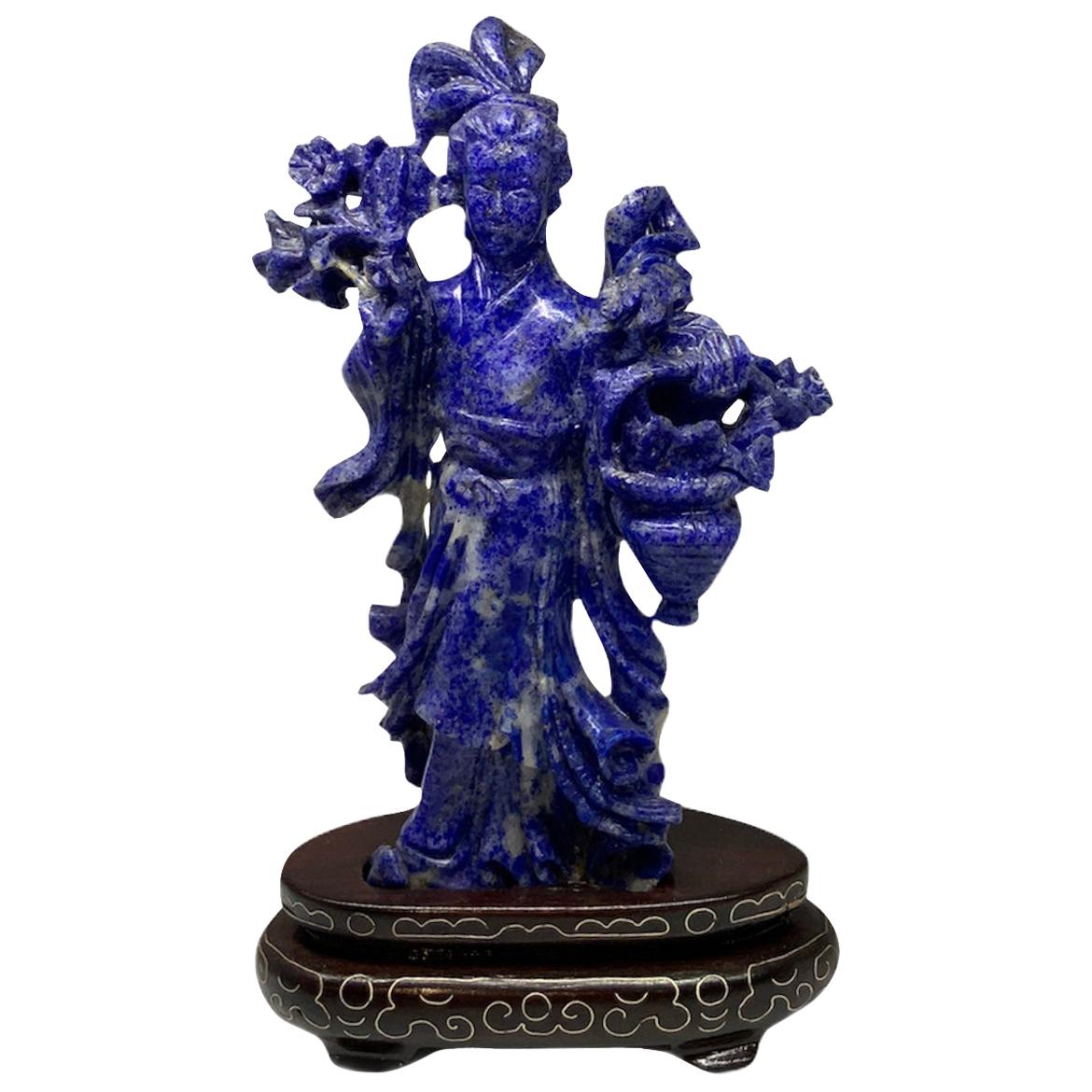 Hand Carved Lapis Lazuli Statue of He Xiangu