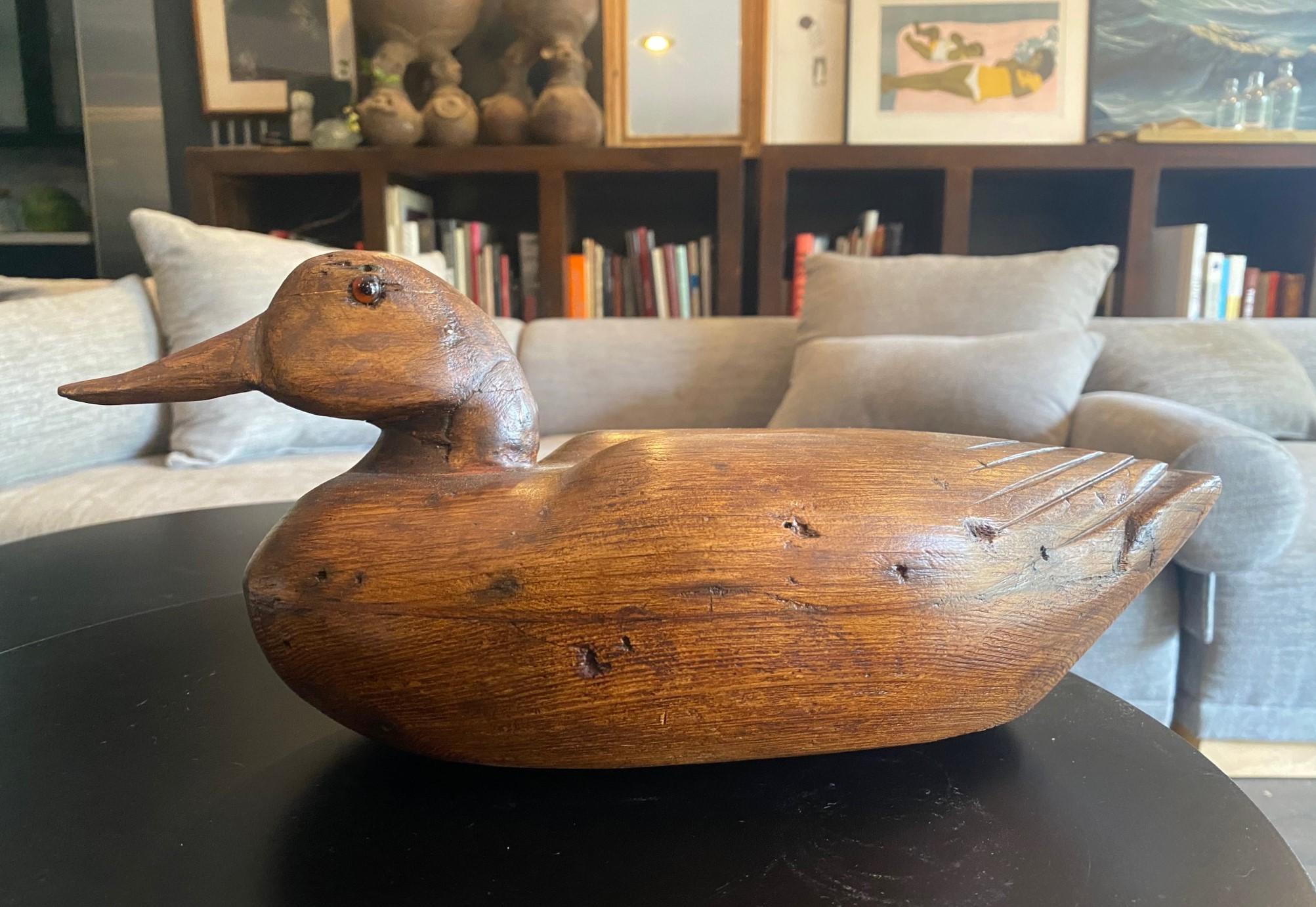 Folk Art Hand Carved Large Antique Vintage Wood Duck Decoy Sculpture, Early 20th Century