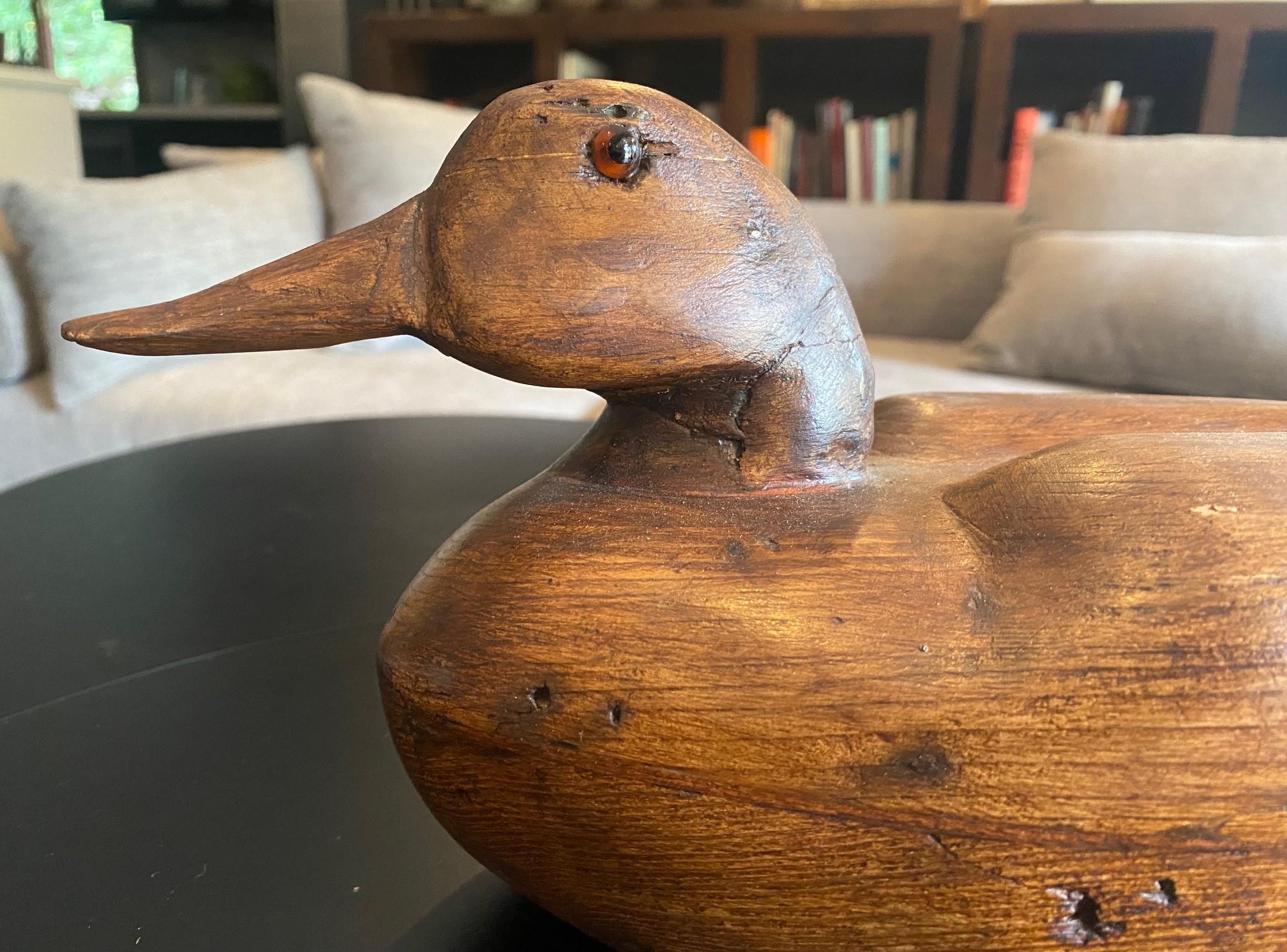 American Hand Carved Large Antique Vintage Wood Duck Decoy Sculpture, Early 20th Century