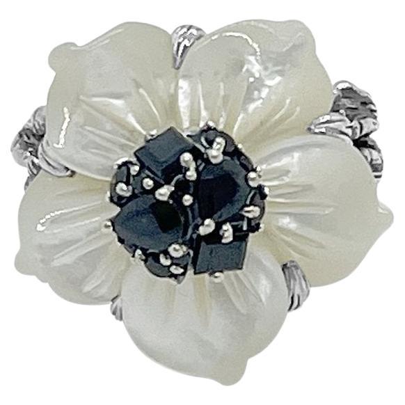 For Sale:  Hand Carved Large Pearl Carved Flower Set & Black Spinel in Sculped Silver Ring