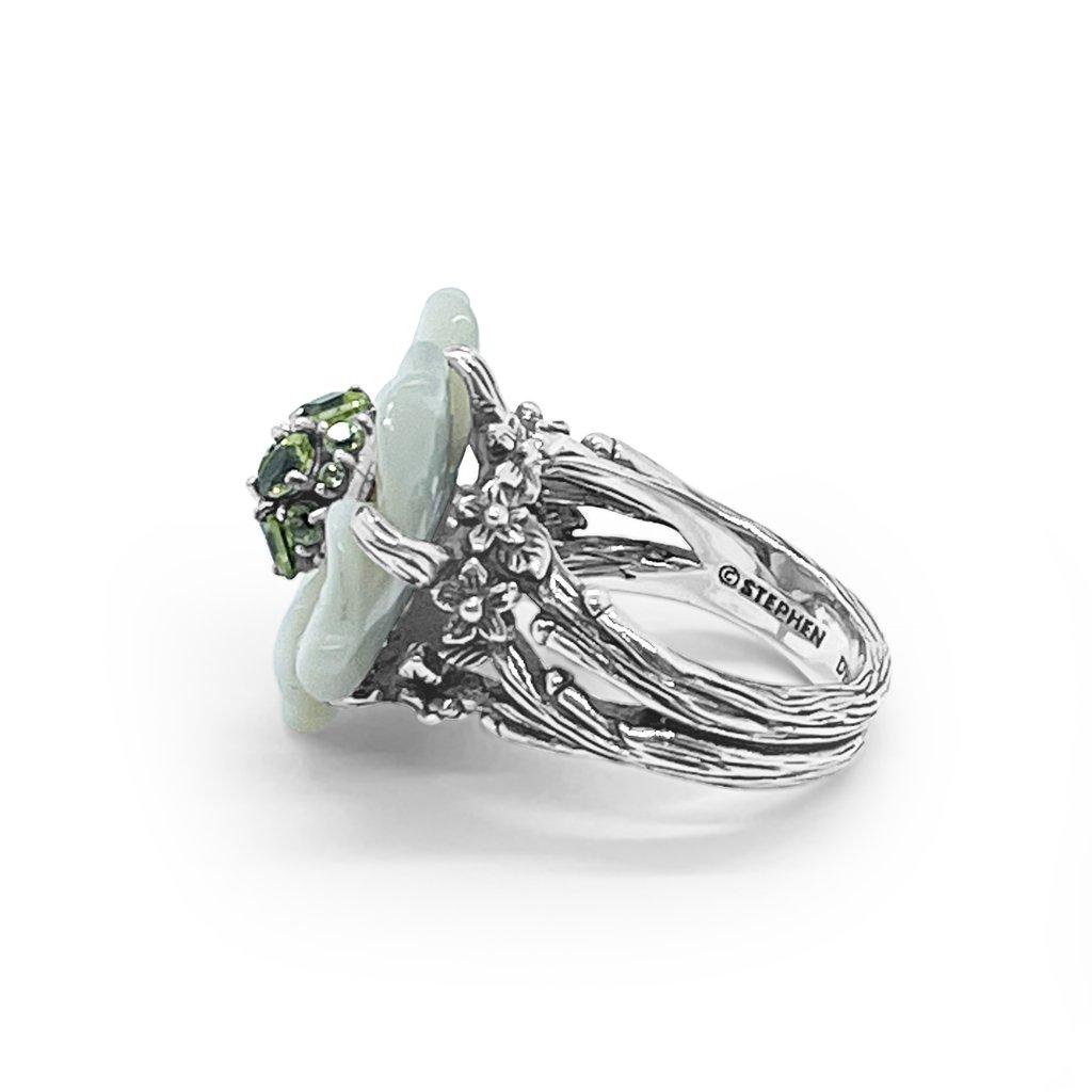 For Sale:  Hand Carved Large Pearl Carved Flower Set with Peridot in Sculped Silver Ring 2