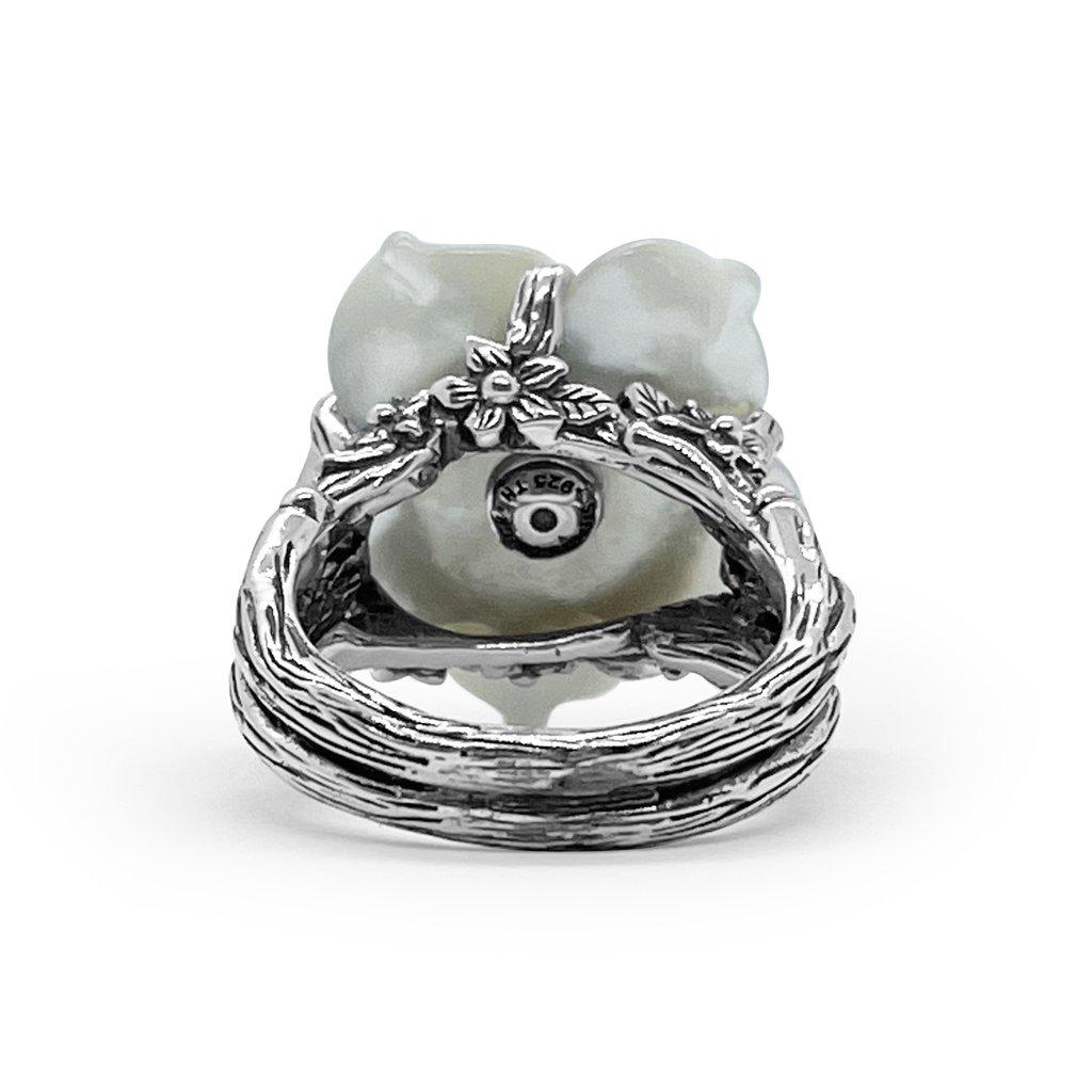 For Sale:  Hand Carved Large Pearl Carved Flower Set with Peridot in Sculped Silver Ring 3